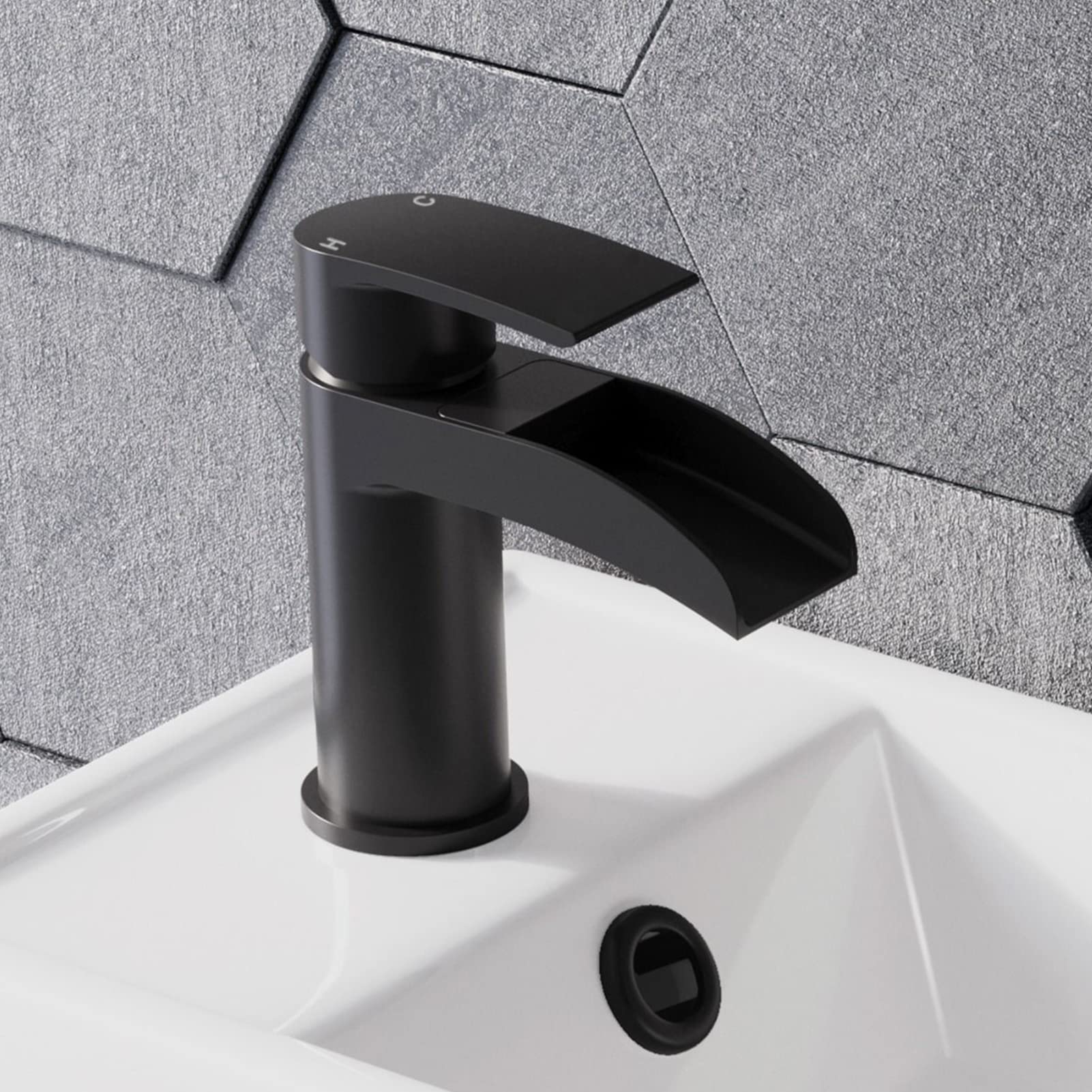 Grifo de lavabo negro mate con desagüe, grifo de lavabo de cascada con desagüe, grifo monobloque de latón negro con tapón de fregadero 112NBK