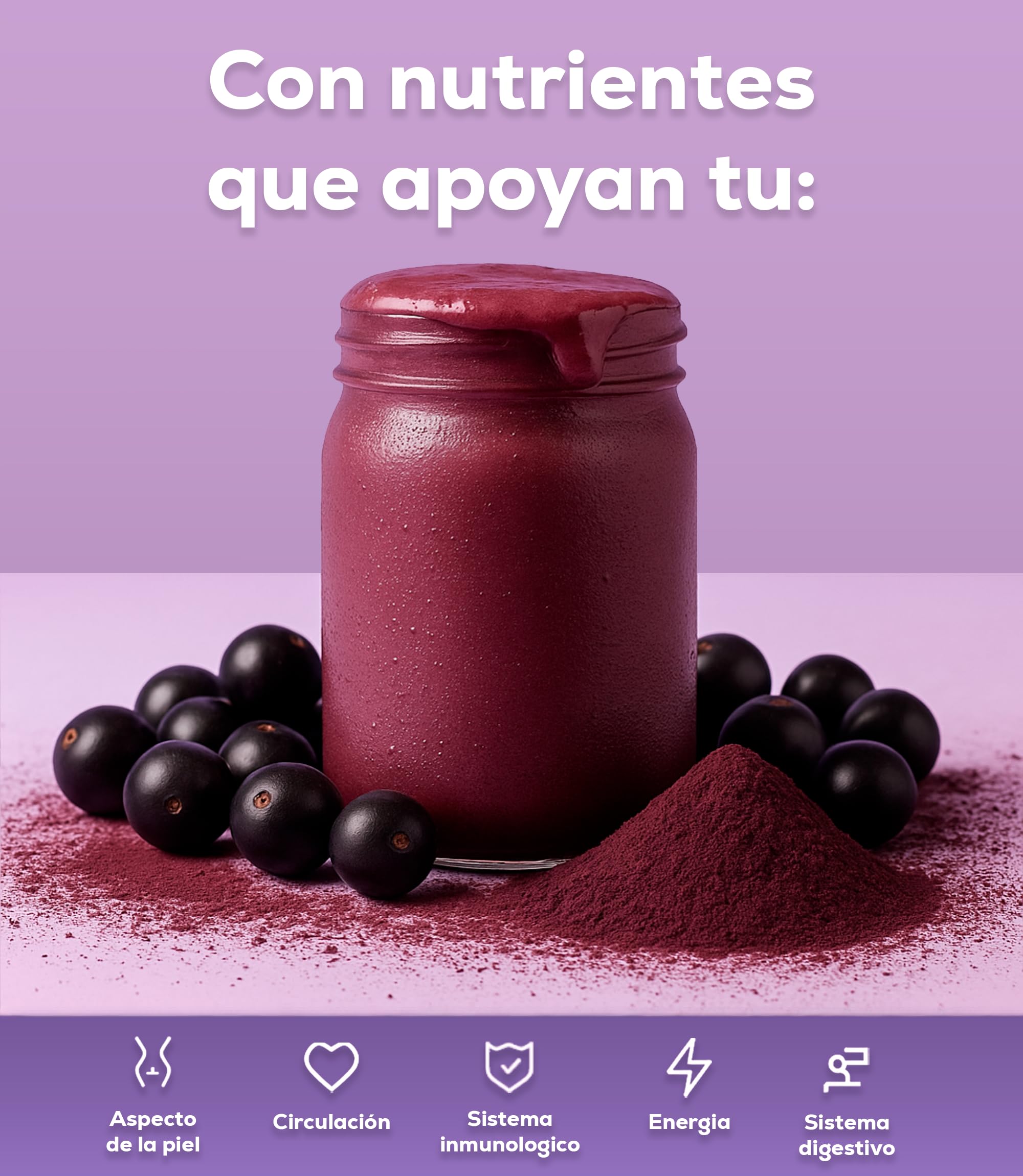 Acai en Polvo Puro Liofilizado Superalimento Natural de la Amazonía Rico en Antioxidantes Vegano No GMO Ideal para Batidos Postres Recetas Saludables 100g