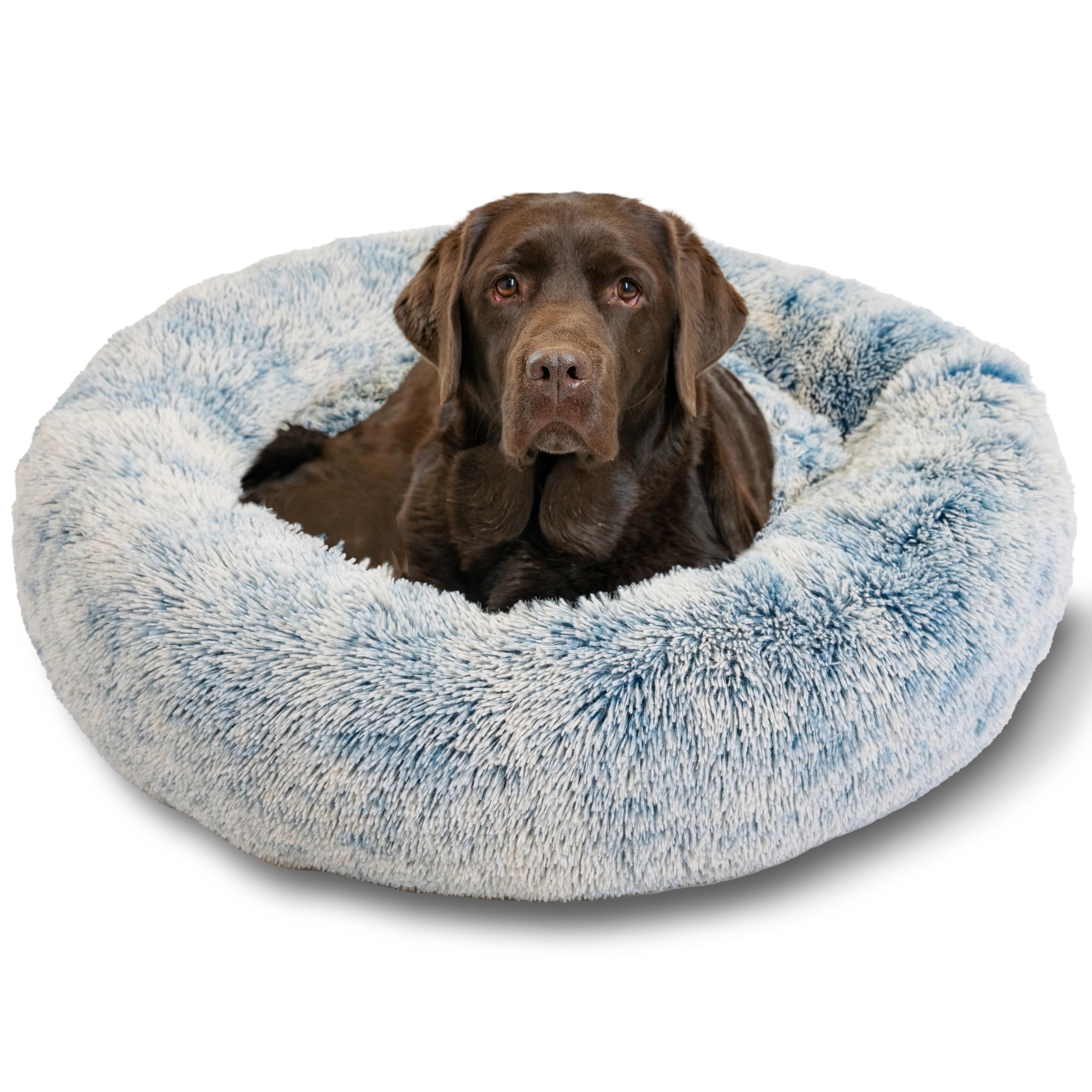 Best Friends by Sheri The Original Calming Donut Dog Bed for Large Dogs up to 100 lbs, Shag Faux Fur, Denim Blue, 36" x 36"