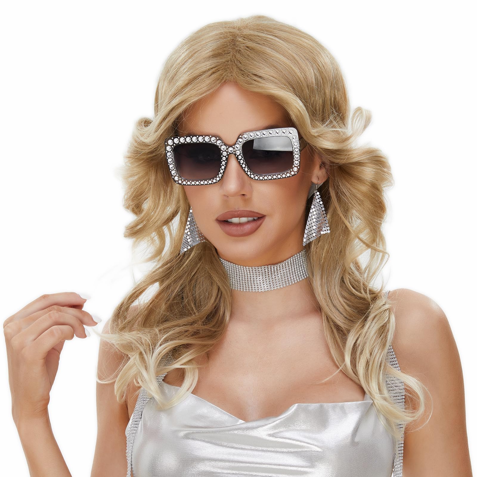 Photo 1 of R REEWES FASHION HAIR 4 Pcs 70s Women Disco Costume Blonde Long Curly Wave Wigs Hippie Accessories Silver Bling Earings and Necklace Sunglass Wig for 60s 70s Disco