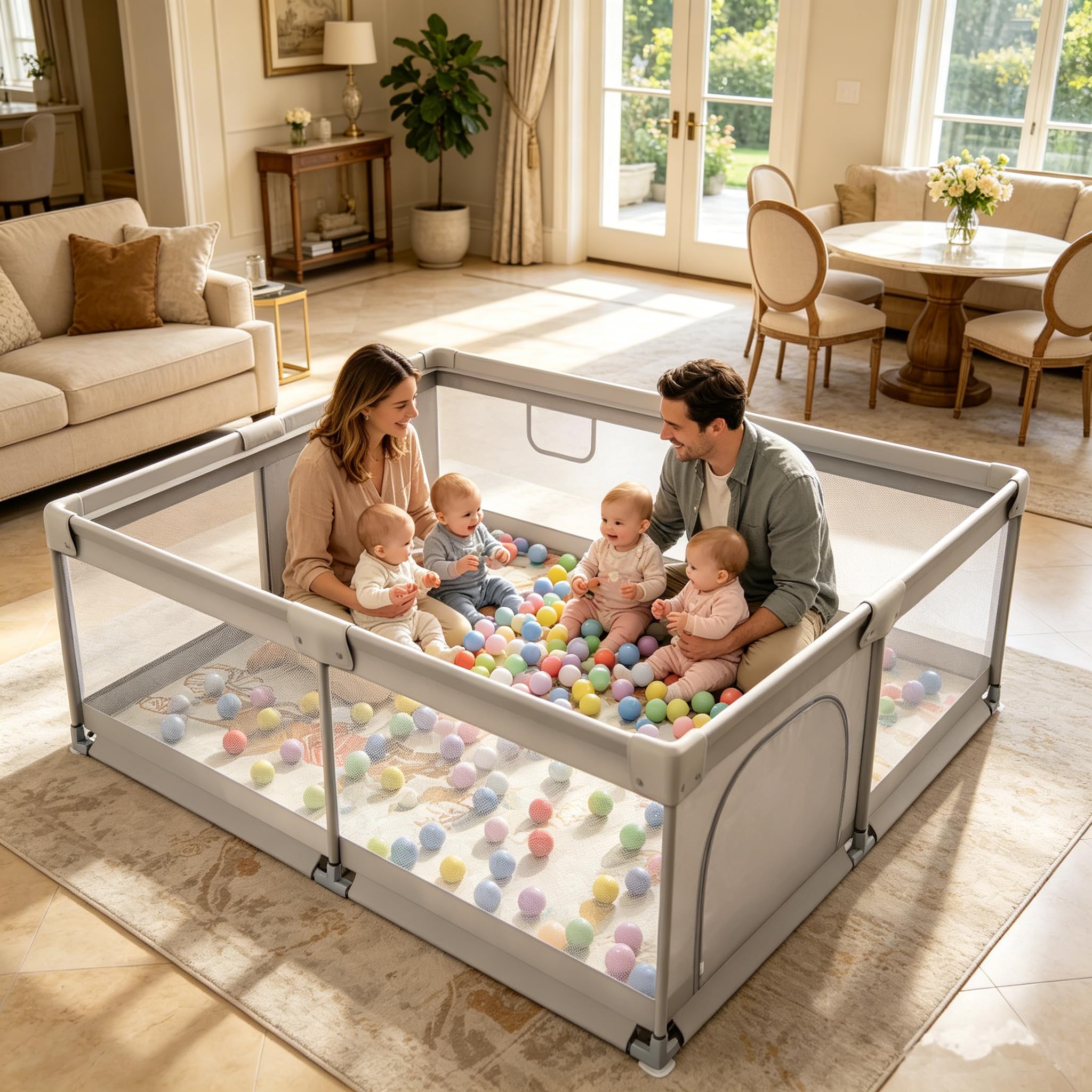 Parque Infantil Bebe,150x180cm Corralito Bebe Con Alfombra,50 Bolas,Extra Grande XXL Parque De Juegos,Parque Bebes para Casa Plegable Con Malla Transpirable en Los Cuatro Lados y Ventosas