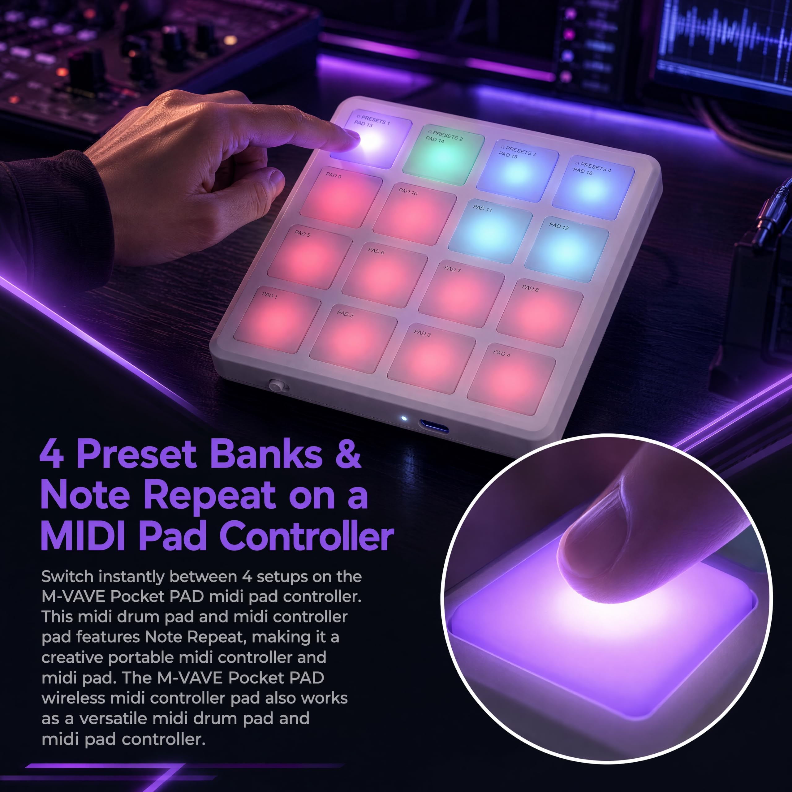 M-VAVE SMC-PAD Pocket PAD - Controlador inalámbrico MIDI de tambor, 16 almohadillas RGB sensibles a la velocidad con Aftertouch, almohadilla MIDI portátil, recargable, repetición de notas, para DAW