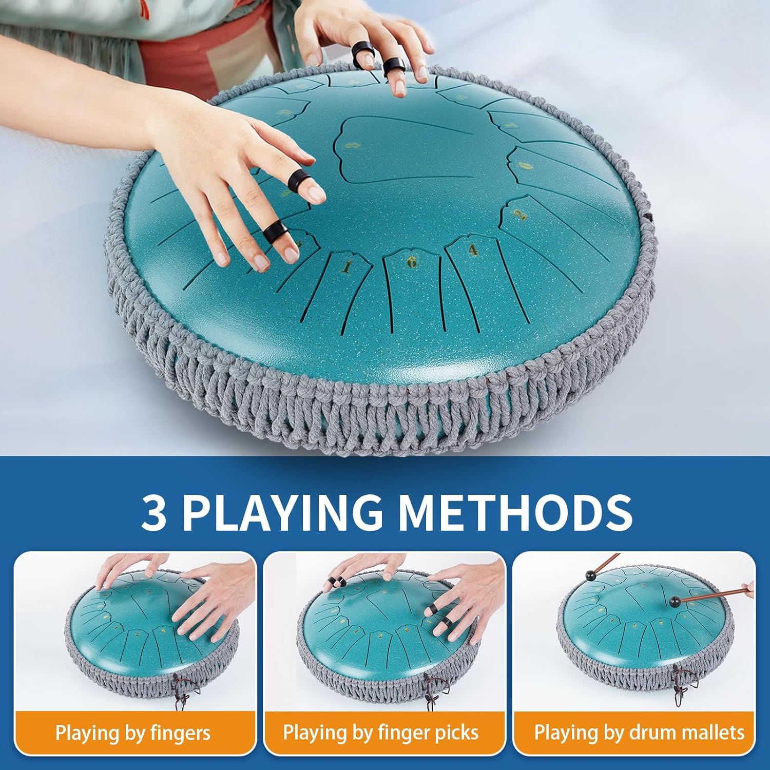 Rain Drum for Outside Garden, 13 INCH 15 NOTES Steel Tongue Drum, Rain Chime Chakra Drum, Hand Pan Musical Instrument Valentine's Day Gift with Bag for Adult, for Meditation Yoga (Malachite, D key)