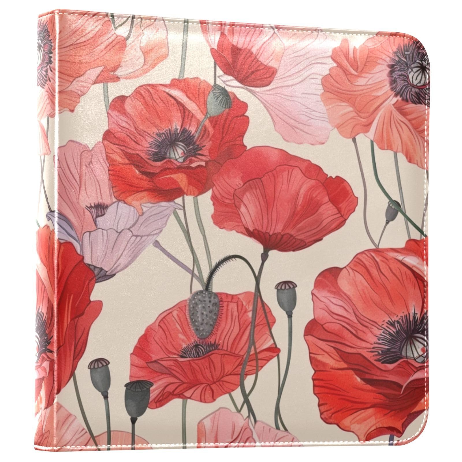JIPONI Poppy Flowers Pattern Large Photo Album, DIY Leather Cover Scrapbook Albums for 4x6 5x7 6x8 Pictures, Self Adhesive Memory Book for Wedding, Baby, Family