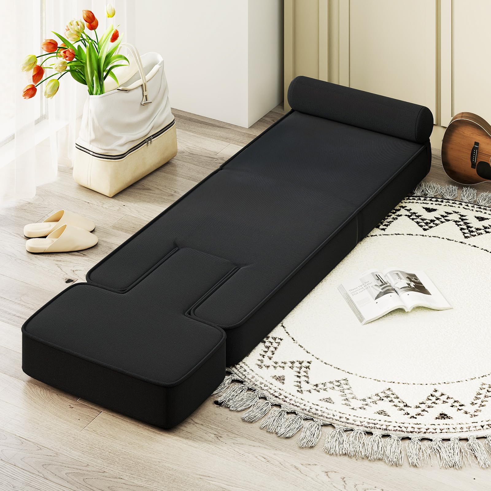 COSTWAY Sedia da Terra Pieghevole, Poltrona Relax Imbottita con Schienale e Poggiapiedi Regolabili, Sedia da Pavimento con Tavolino e Cuscino, per Soggiorno e Camera da Letto