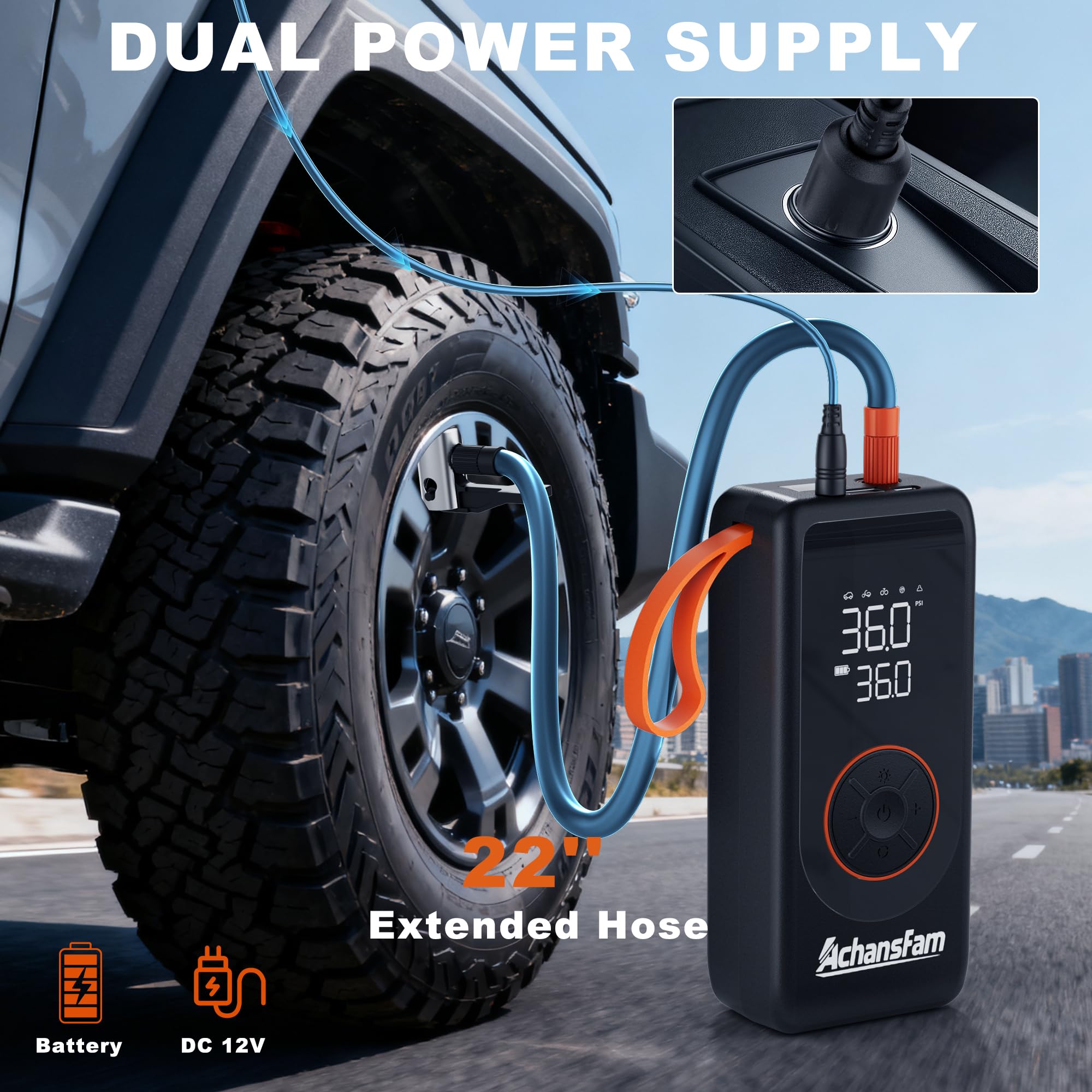 P9 Pro - Inflador de neumáticos portátil, bomba de aire para neumáticos de coche con manómetro digital, doble potencia y apagado automático, manguera de 22 pulgadas, bomba inalámbrica para