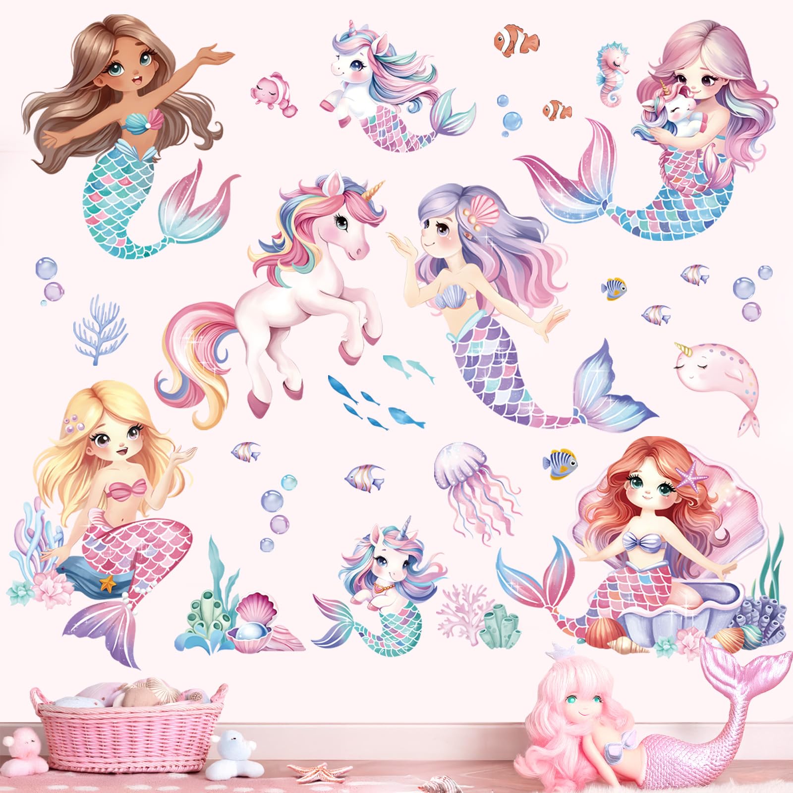 decalmile Mermaid Unicorn Wall Decals Under The Sea Ocean Fish Wall Stickers Baby Nursery Girls Bedroom Bathroom Wall Decor