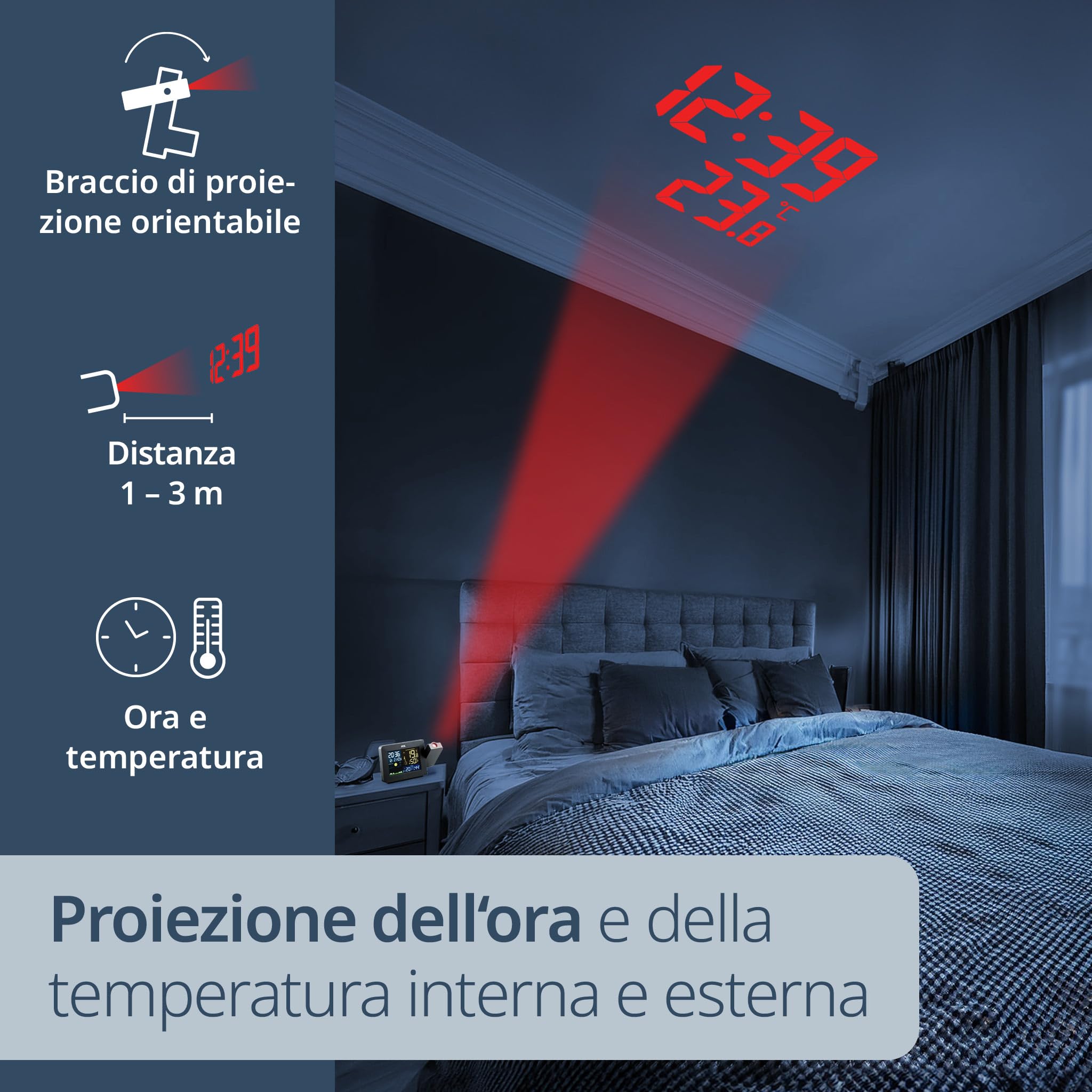 ADE Stazione meteo con sensore esterno a proiezione e wireless | termometro, igrometro, indicatore del clima interno | display LCD illuminato | radiosveglia con segnale orario DCF e calendario | nero