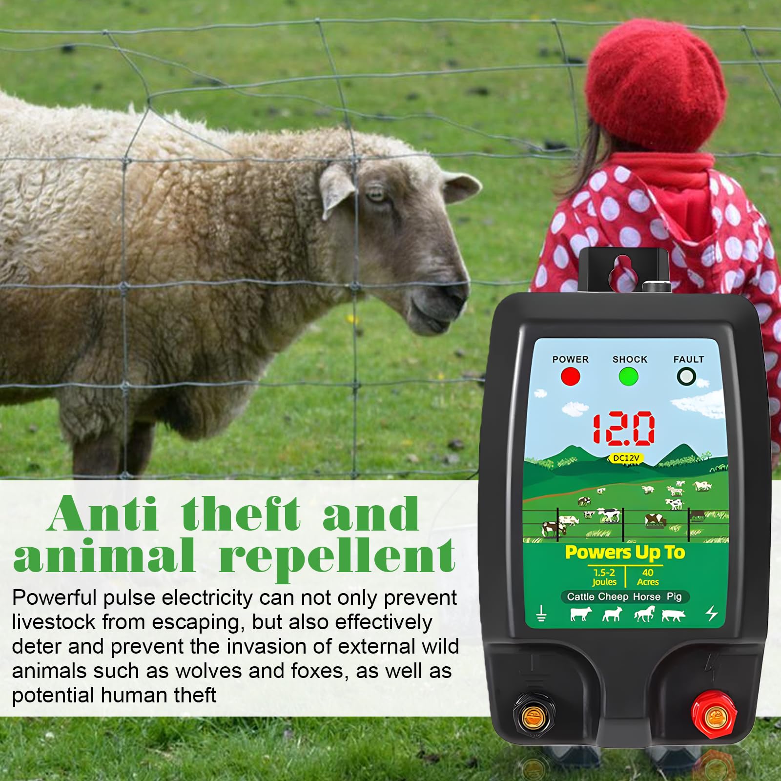 Recinzione elettrica da 12 V con display a LED: recinzione elettrica impermeabile, portata 10 km, portata 1,5 – 2 Joule, impermeabile per la protezione di animali da fattoria, pascoli, animali