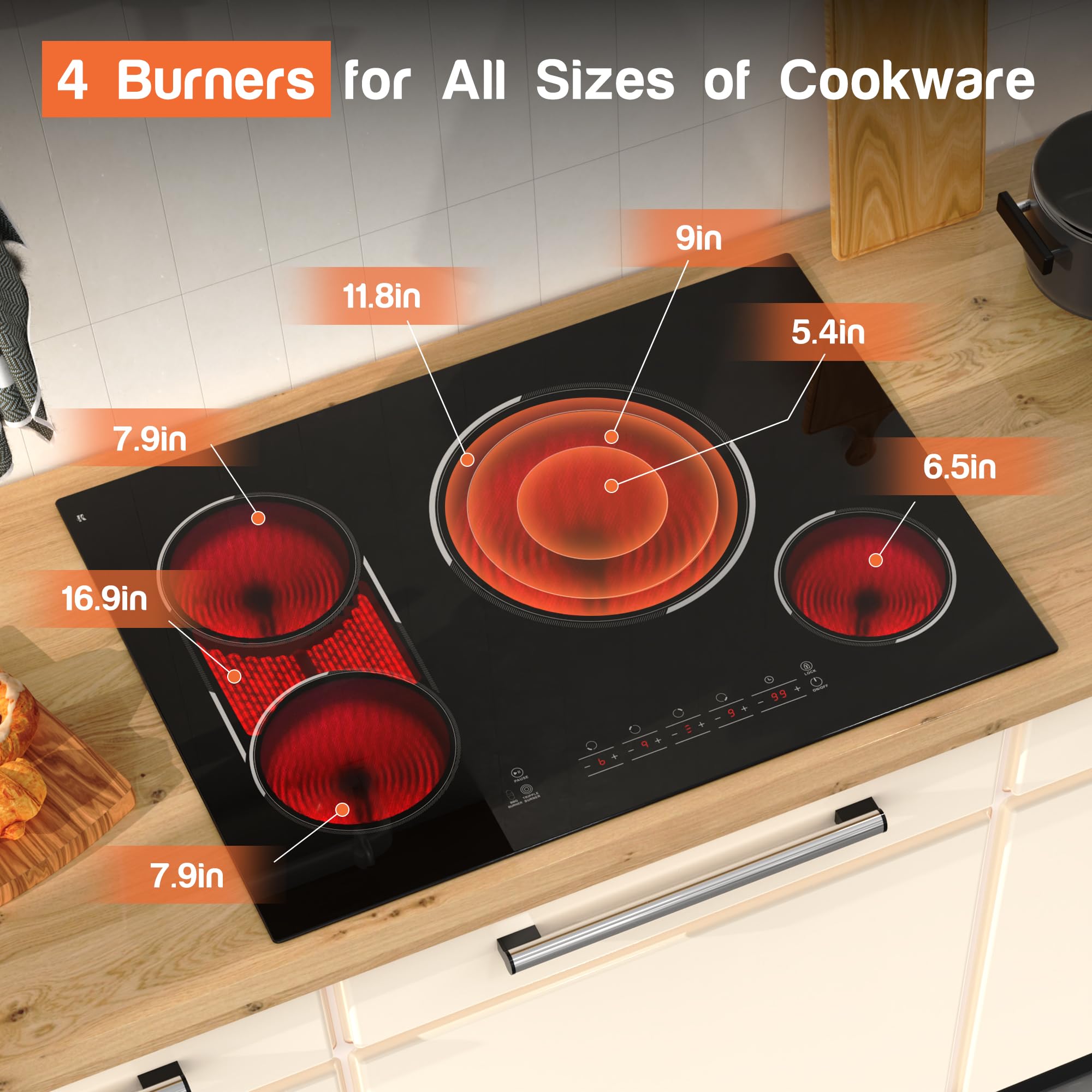 Cocina eléctrica de 30 pulgadas, 4 quemadores de cerámica incorporados, 7800 W, estufa eléctrica con quemador de barbacoa, control táctil, temporizador, bloqueo de seguridad infantil, función