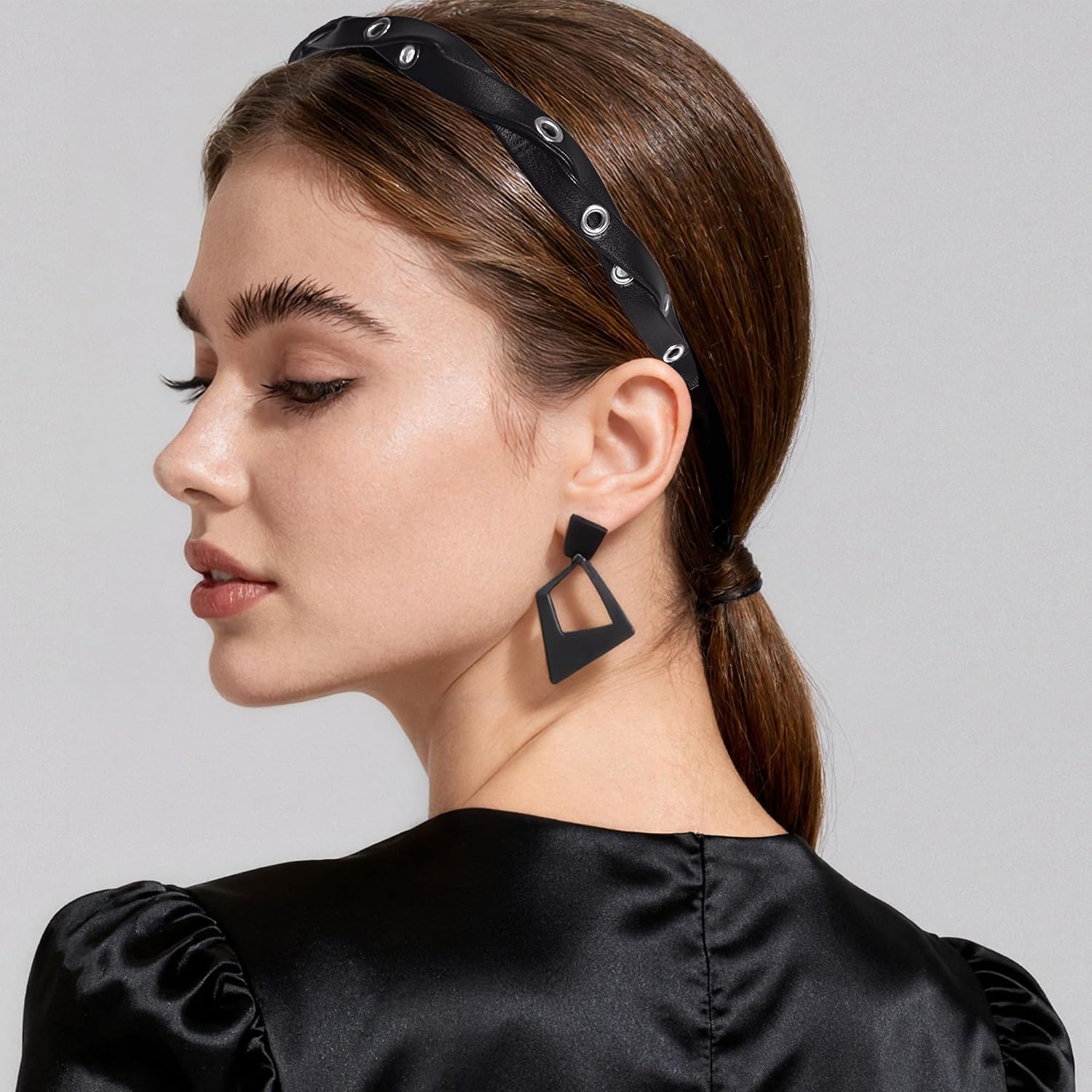Braided Faux Leather Headband with Silver Grommets, Black image 4