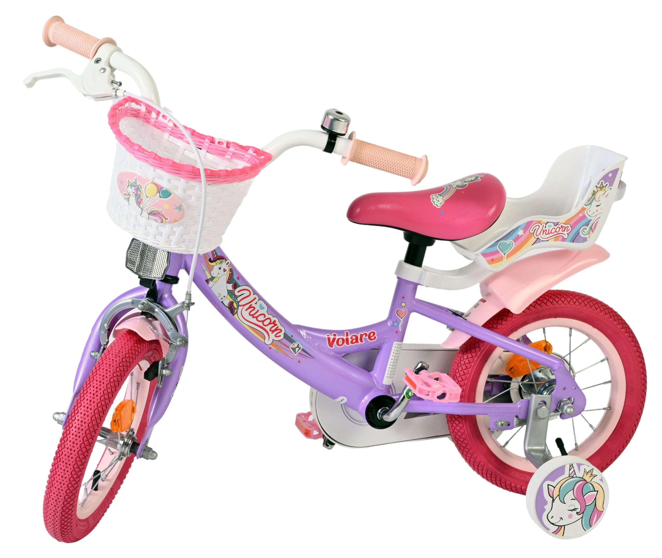 Volare Kinderfahrrad lila mit Einhorn-Sitz & rosa Felgen | Rücktritt & Handbremse | Stützräder | 3–5 Jahre | Robuste Reifen | Leicht montierbar | Geschenkidee
