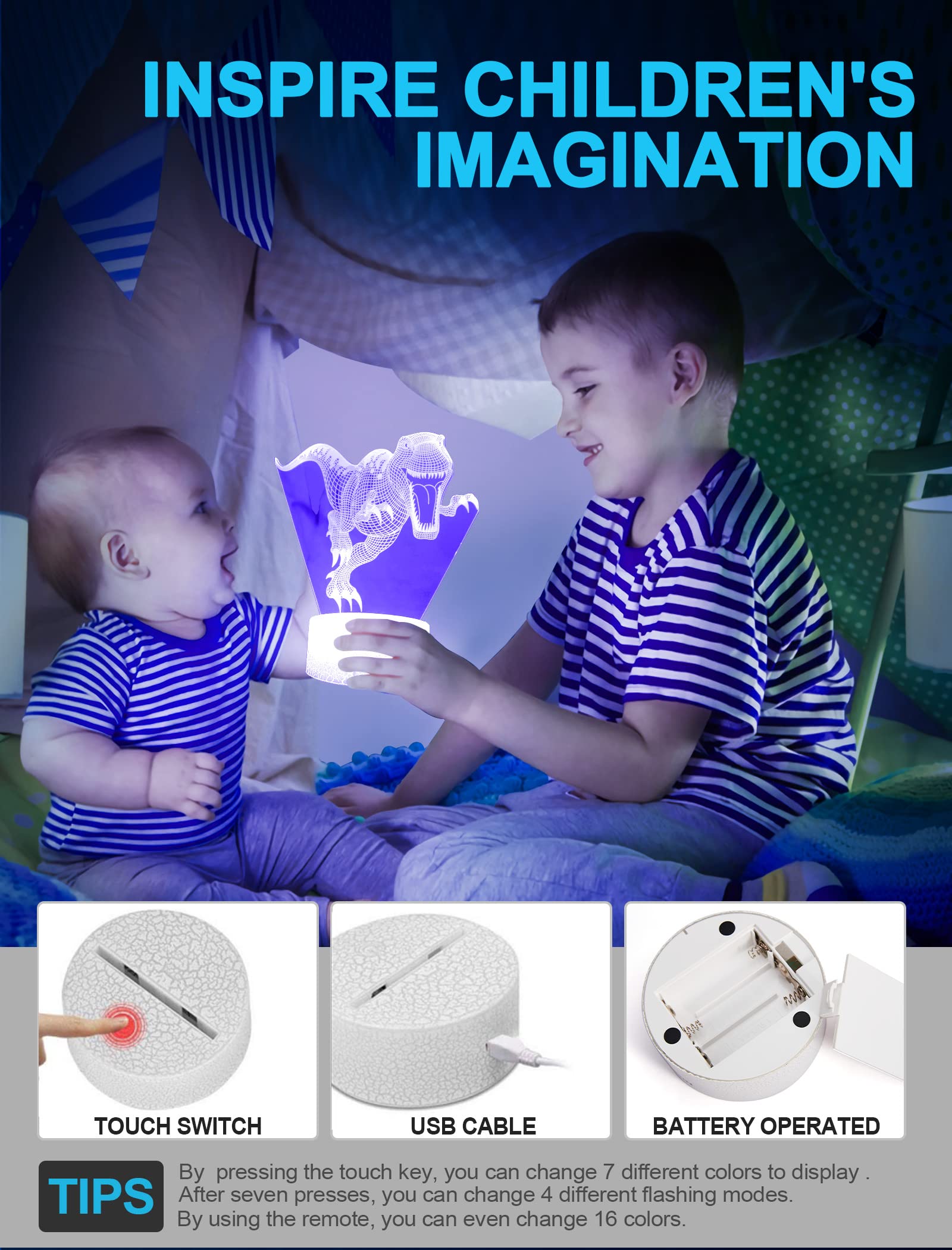 Veilleuse Dinosaure pour Enfants, Lampe Dinosaure 3D Veilleuse LED avec