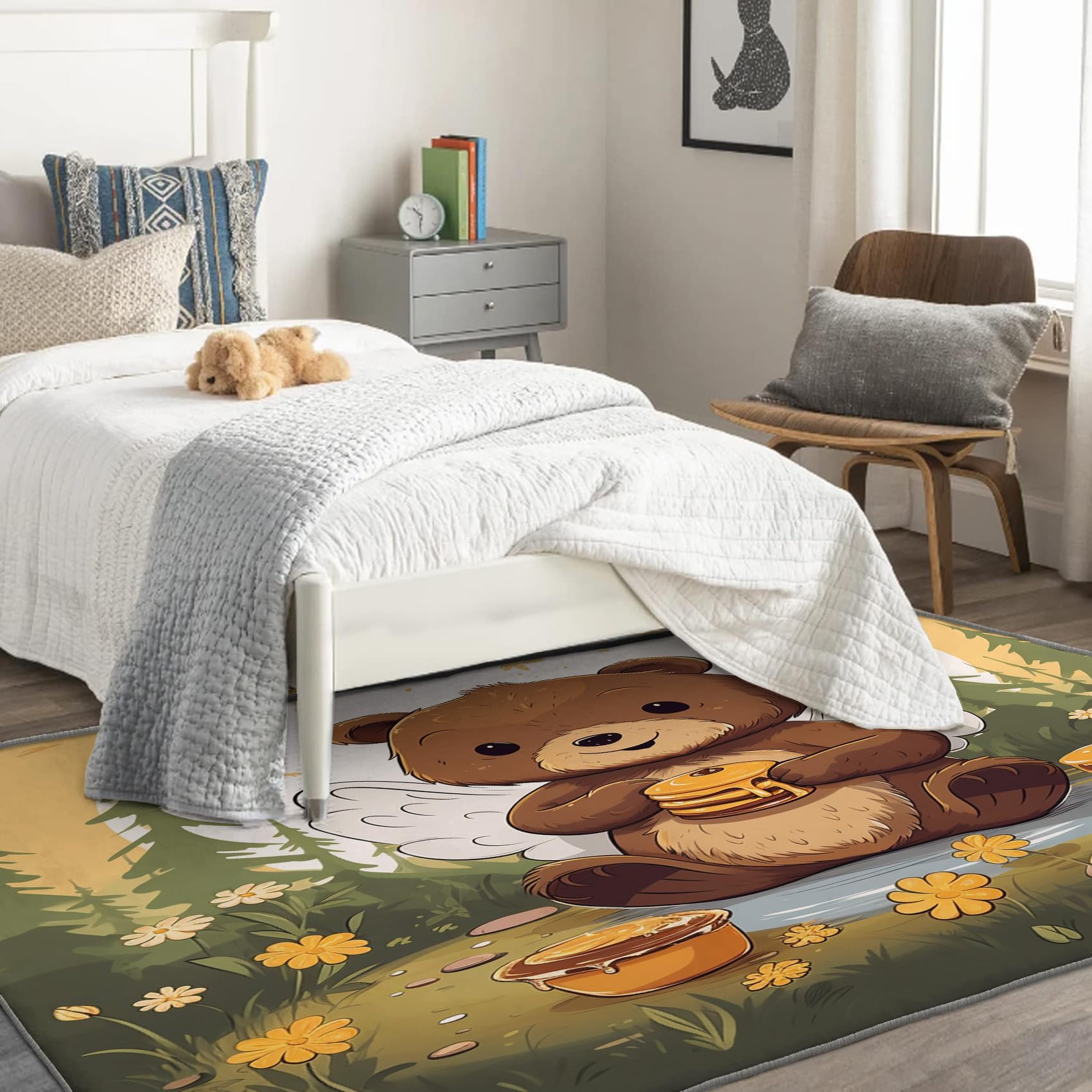Kids Rug & Home Decor - 3x5 Rug, Woodland Nursery Rugs for Living Room Bedroom, Cute Bear Carpet, Washable Non Slip Soft Low Pile Indoor Area Rug & Room Decor