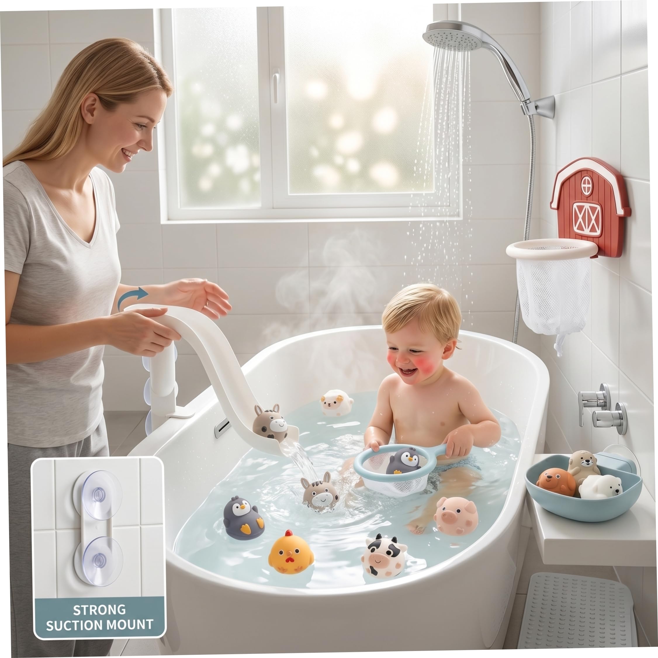 Juguetes de baño, Juguetes de baño para niños, 13 unids/Set de tobogán de Juguete con Animales flotantes, aro y Red, Juego Interactivo de bañera para bebés, niñas y niños