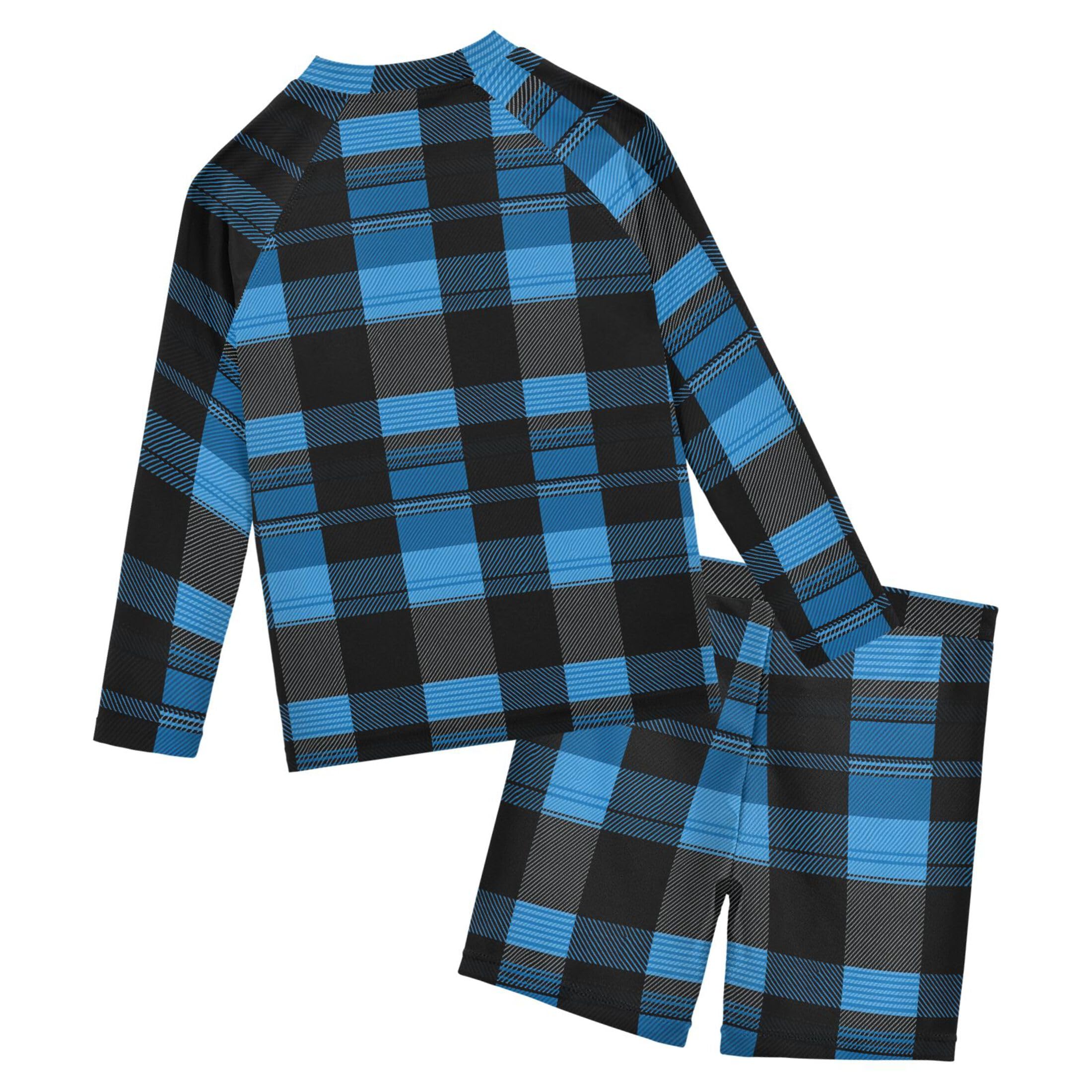 Blue Buffalo Check Plaid Baby Boys' Toddler Long Sleeved Rashguard Swim Bathing Suit Set B0403955
