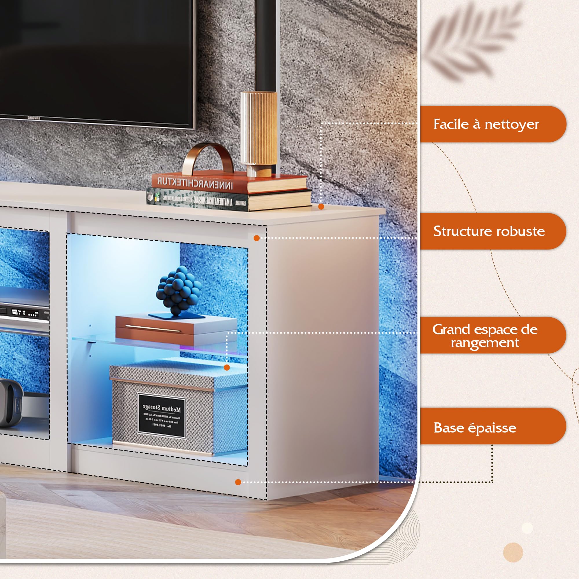 WLIVE Meuble TV LED 166 cm, Buffet Bas avec Éclairage LED 22 Modes et Étagères Ouvertes, Banc TV pour Téléviseurs jusqu'à 75 Pouces, Support TV avec Tablettes en Verre Réglables pour Salon, Blanc