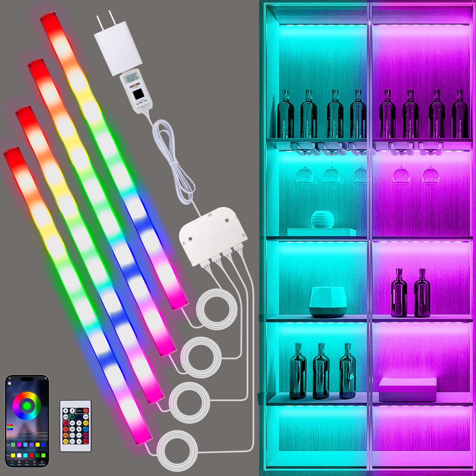 Luci per mensole RGB, 4 pezzi, 30,5 cm, dimmerabili, cambia colore, illuminazione sotto armadio, app e telecomando, diversi colori e modalità di illuminazione, barre luminose a LED per scaffali