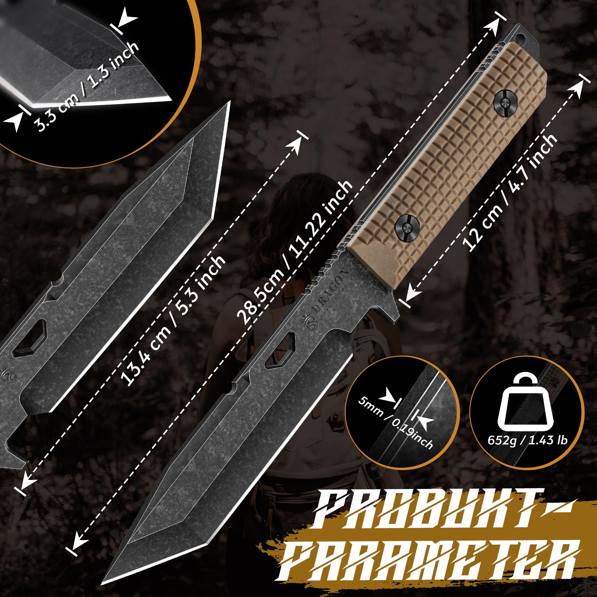 Dragon Creek Outdoor Messer Fixed Blade - Inklusive Scheide - Ideal Outdoor-Jagdmesser aus 440 Stahl, Premium Survival Messer füR Camping, Wandern, Bushcraft, MäNner Geschenk(khaki)