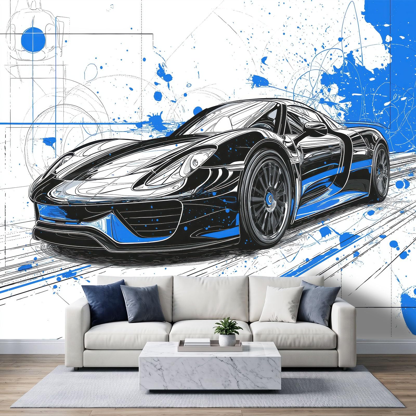 350 x 256 cm, fototapeta z włókniny, na wymiar, fajna, sportowa, linie samochodu, niebieska, fotorealistyczny, druk HD, tapeta na flizelinie, tapeta z motywem, dekoracja ścienna, dekoracja ścienna