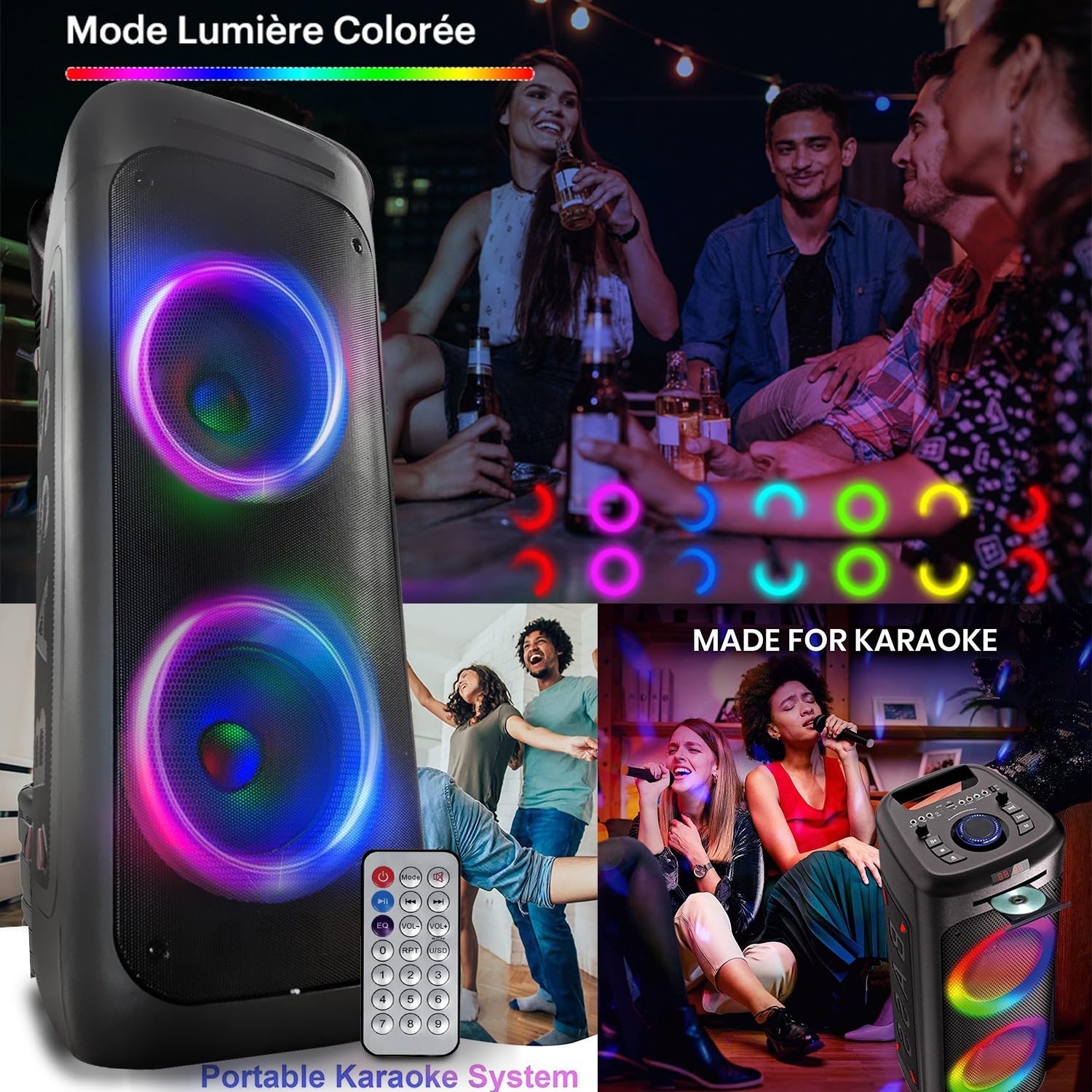Autonomer DJ-Lautsprecher, 1000 W, beleuchtet, CD-Player, Akku, Bluetooth, USB, Sono, Radio, Partybox, Abend, Party, Geburtstag