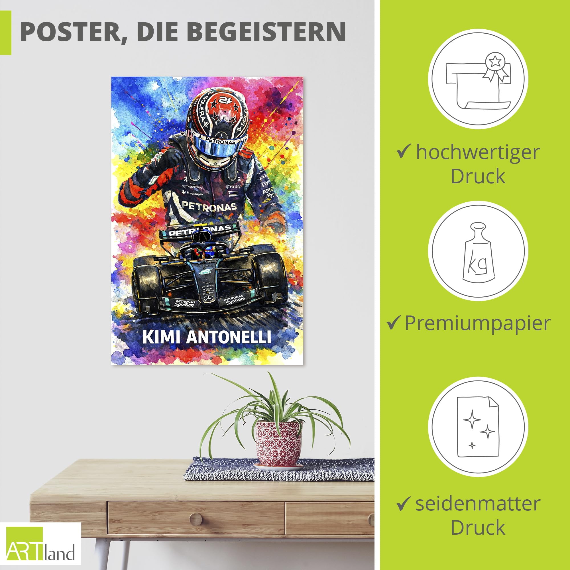 ARTLAND Wanddeko Poster & Kunstdrucke Wandposter 80 x 120 cm Kimi Antonelli Mercedes F1 Aquarell Illustration Rennsport Deko für Fans & Sammler U6FH