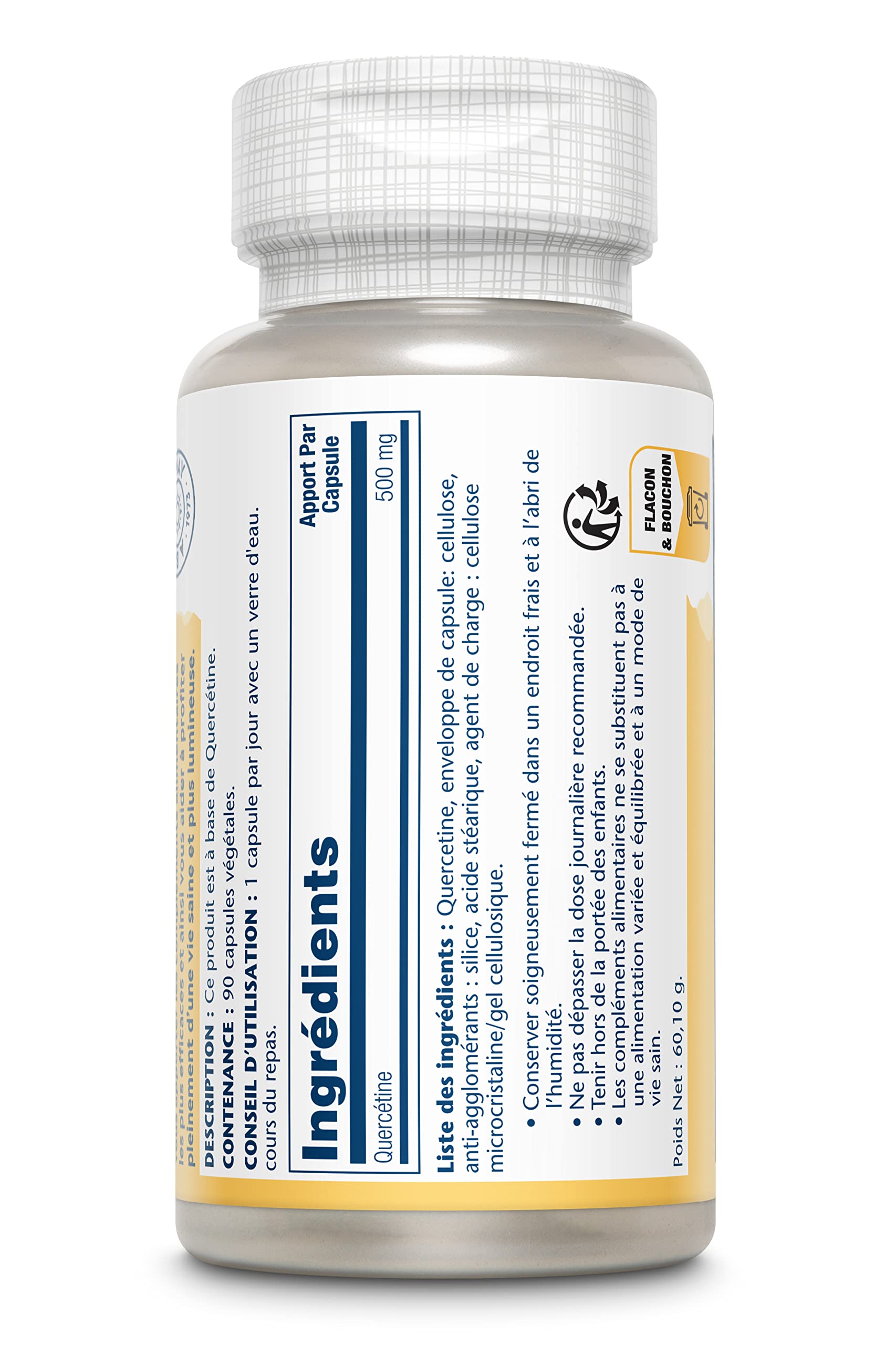 Solaray Quercétine 500mg | Pollens, Graminées & Rhume des Foins | Sans agrumes et sans OGM | 1 flacon de 90 vegcaps