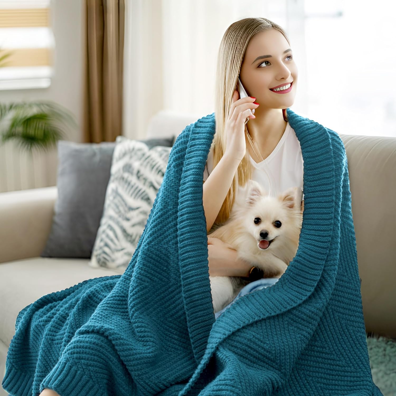 Knitted Throw Blanket 50"X60", Teal Knit Throws for Bed, Super Soft Boho Chevron Blankets for Couch Sofa Chair Room Decor, Textured Decorative Farmhouse Cozy Lightweight - Image 5