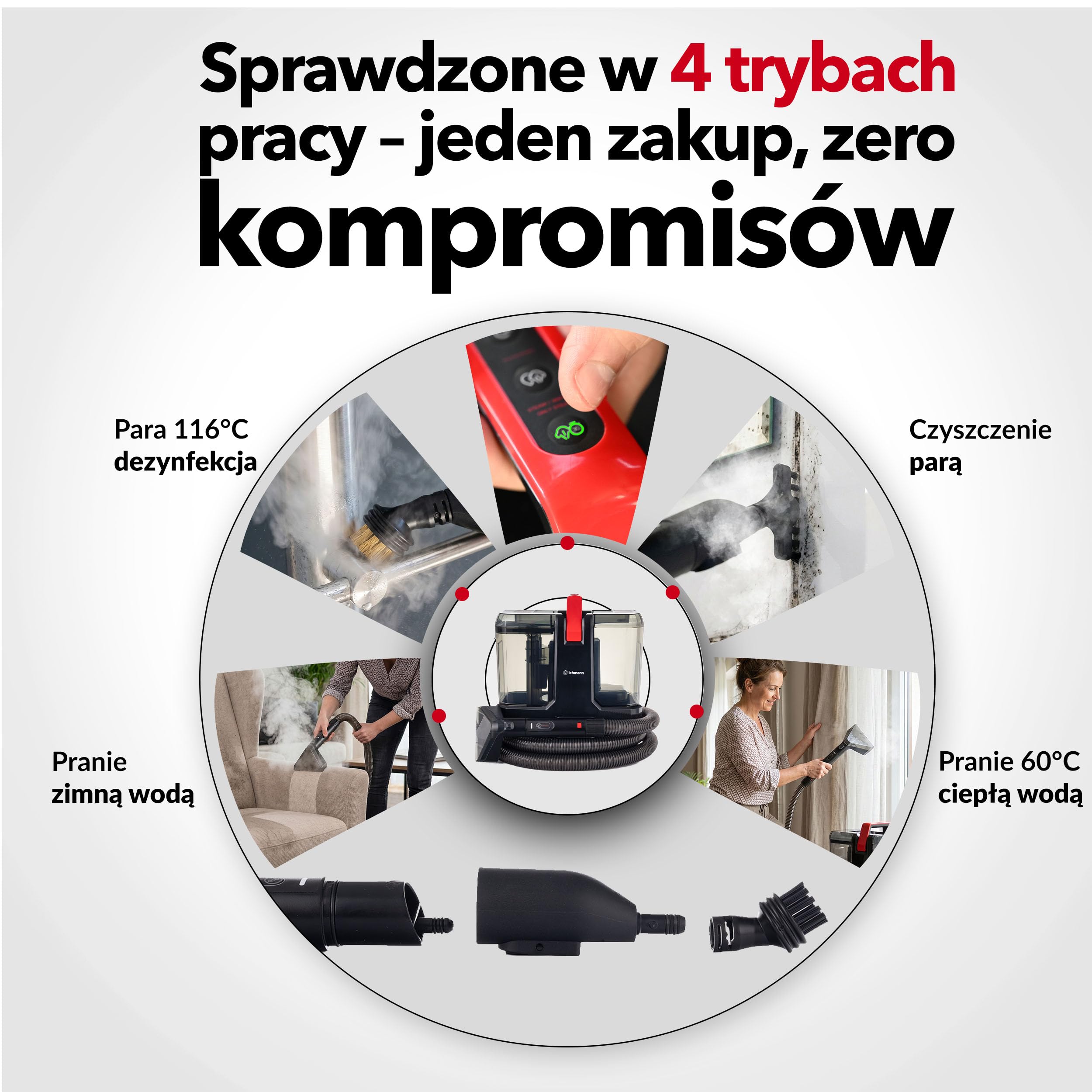 LEHMANN SteamWash 1800 Odkurzacz Piorący i Parownica 4w1, Pranie Tapicerki i Dywanów Ciepłą Wodą 60°C oraz Parą 116°C, Moc Ssania 16 kPa, Urządzenie do Czyszczenia Sof, Samochodu i Domu