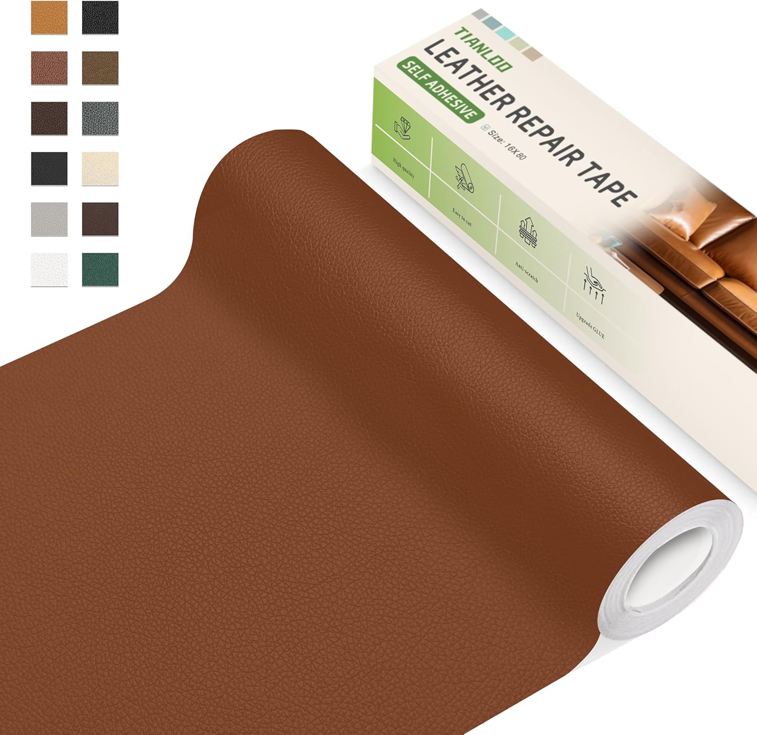 Leather Repair Tape,16 x 80 Inches Self Adhesive Leather Repair Patch?Leather Repair Kit for Furniture?Couches,Car Seats,Cabinets,Handbags(Brown-Litchi Grain) 16" x 80" Brown-Litchi Grain