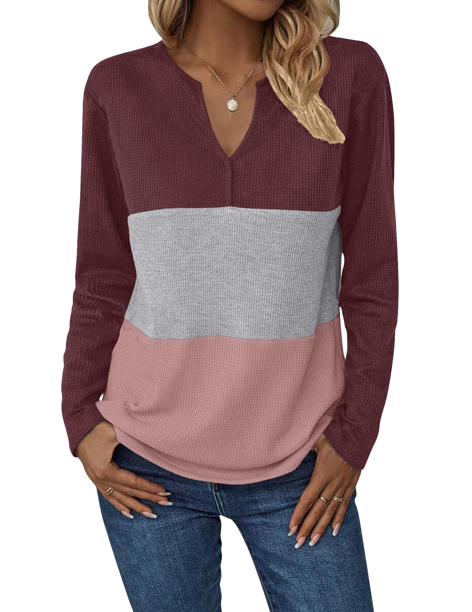 Zeagoo Womens Waffle Knit Tunic Shirts Color Block Tunics Long Sleeve Tops V Neck T-Shirt Casual Basic Tees