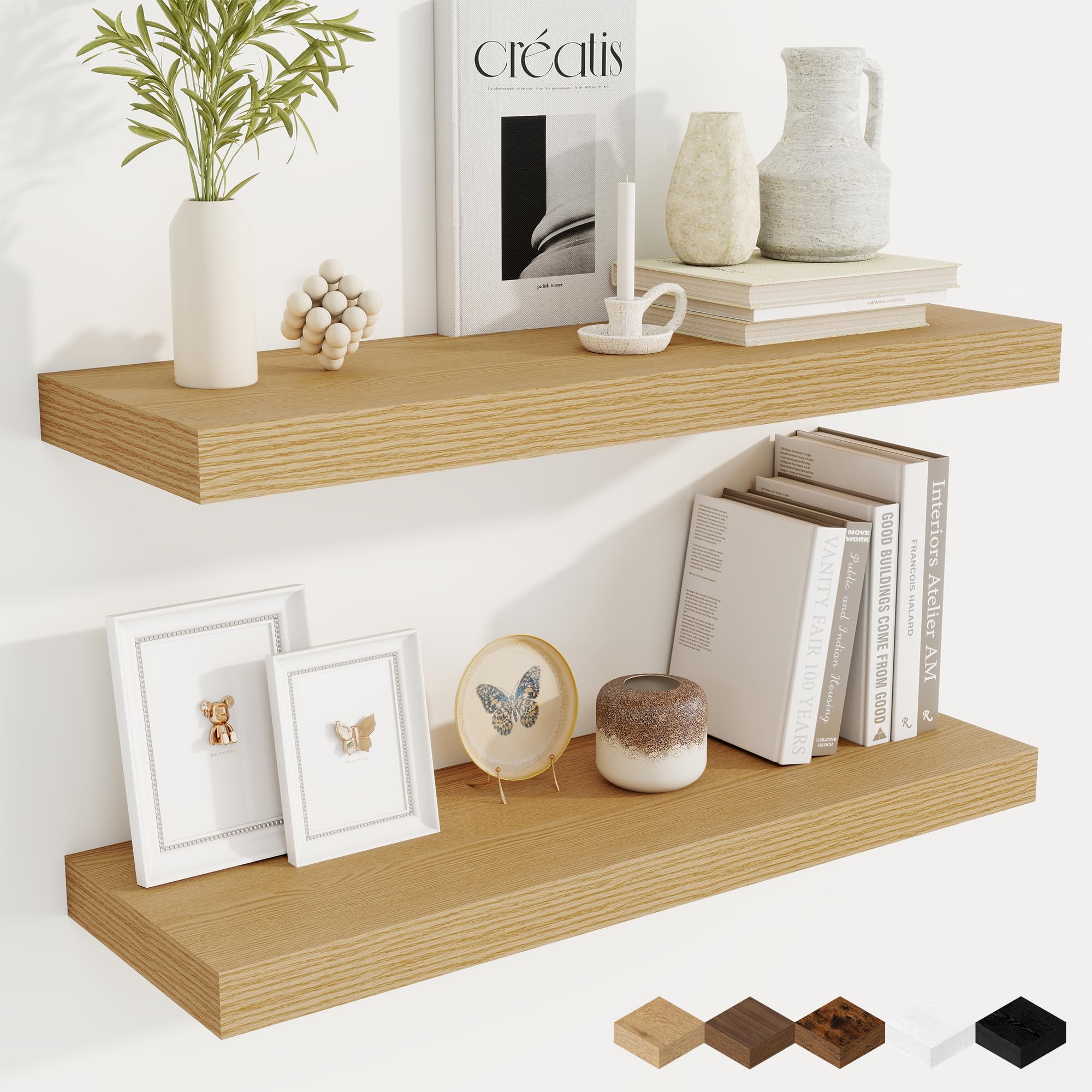 Fun Memories Floating Shelves for Wall, 30 Inch Rustic Wood Wall Mounted Shelves for Bathroom, Bedroom, Kitchen, Living Room, Floating Shelves for Storage & Home Decor (Oak, Set of 2)