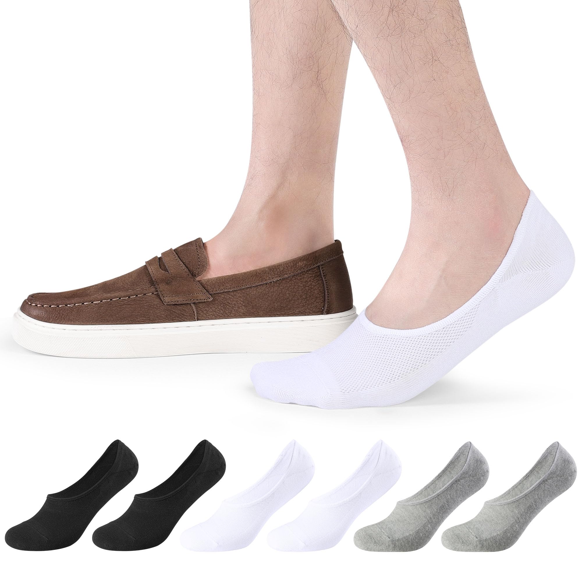 CLOSEMATE Mens Ultra-Low Cotton No Show Socks Invisible Hidden for Loafers with Non Slip Grips 6 Pairs