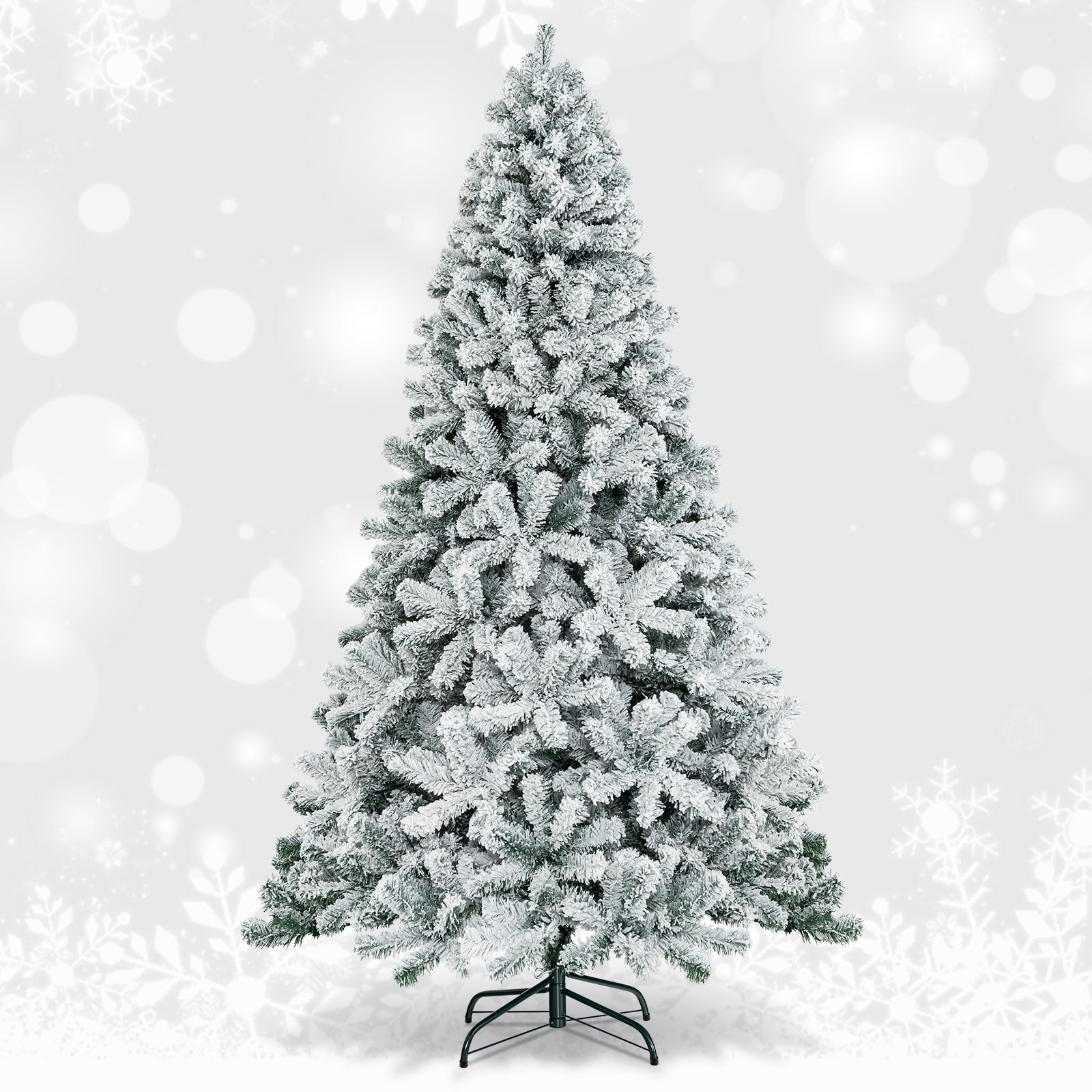 GiantexUK 6FT/7.5FT Snow Flocked Christmas Tree, Artificial Hinged Xmas Tree with Branch Tips, PVC Needles & Foldable Metal Stand, 3-section Festival Party Home Decoration (240 cm)