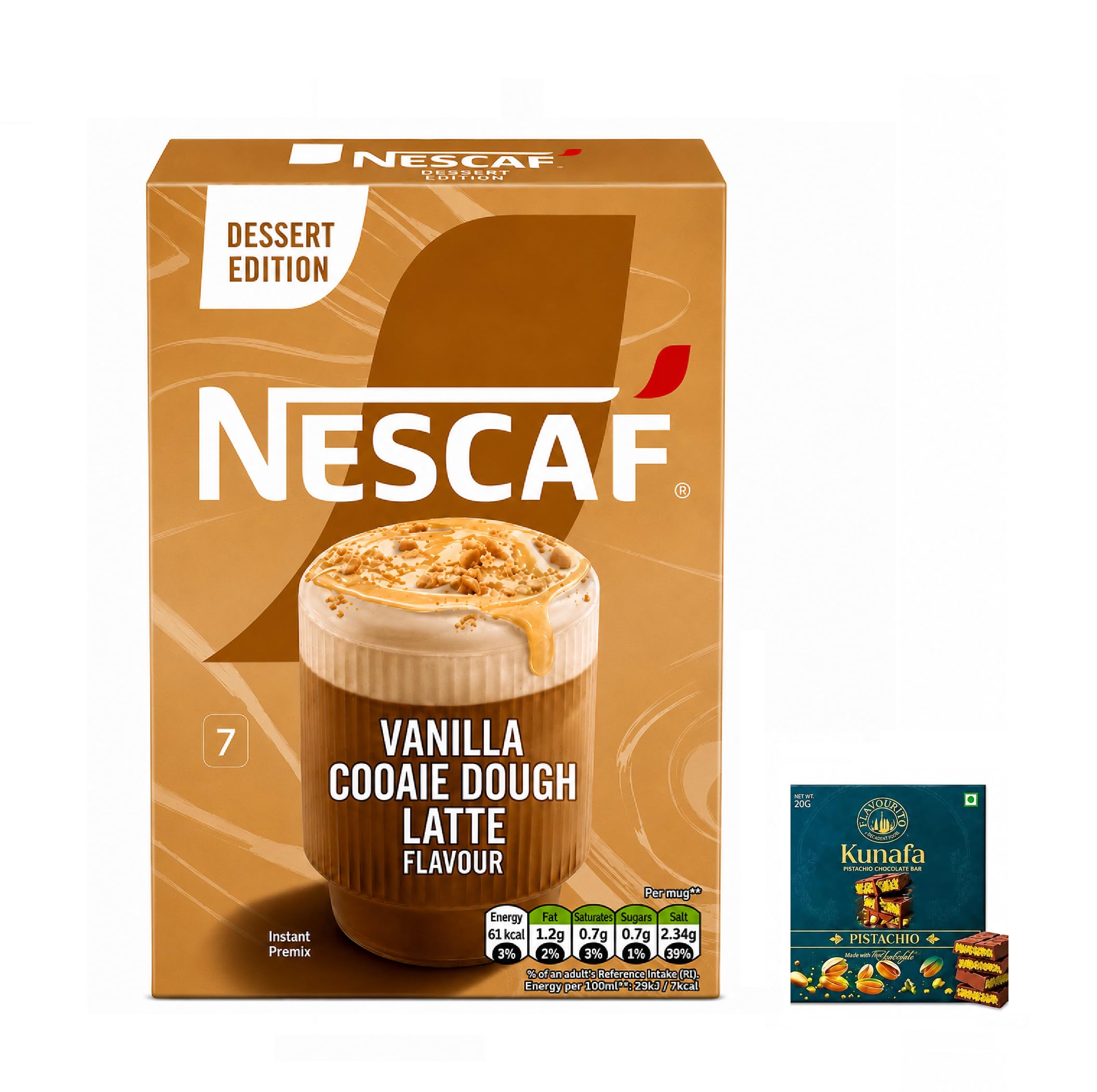 Nescaf Vanilla Cookie Dough Latte Instant Premix 7 Sachets 136.5g With Free Flavourito Kunafa Pistachio Chocolate Bar, 20g By Decadent Foods (Imported UK)-picture-28