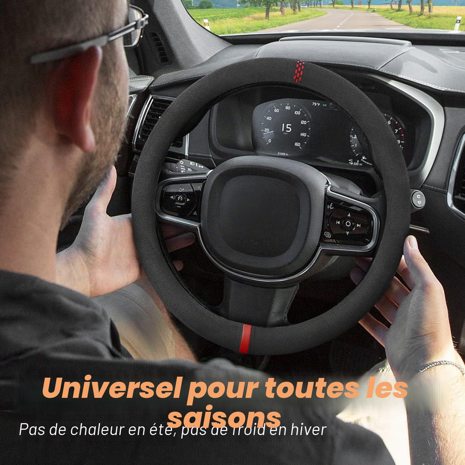 ZATOOTO Couvre Volant Voiture, Housses de Volant en Cuir Suédé Fin avec Toucher Doux, Antidérapant et Sport, Taille Universelle 37-38cm / 14,5-15in (Noir)
