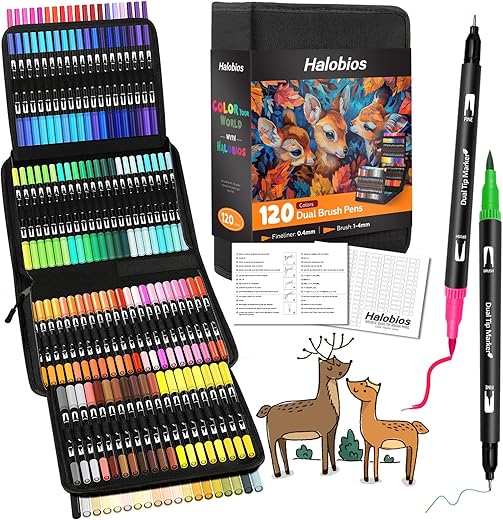 Halobios Dual Brush Pen Set, Filzstifte 120 Farben Pinselstifte Marker Aquarell Stifte Für Kinder und Erwachsene, Ausgestattet mit Schwarzer Tragetasche Lagerbasis