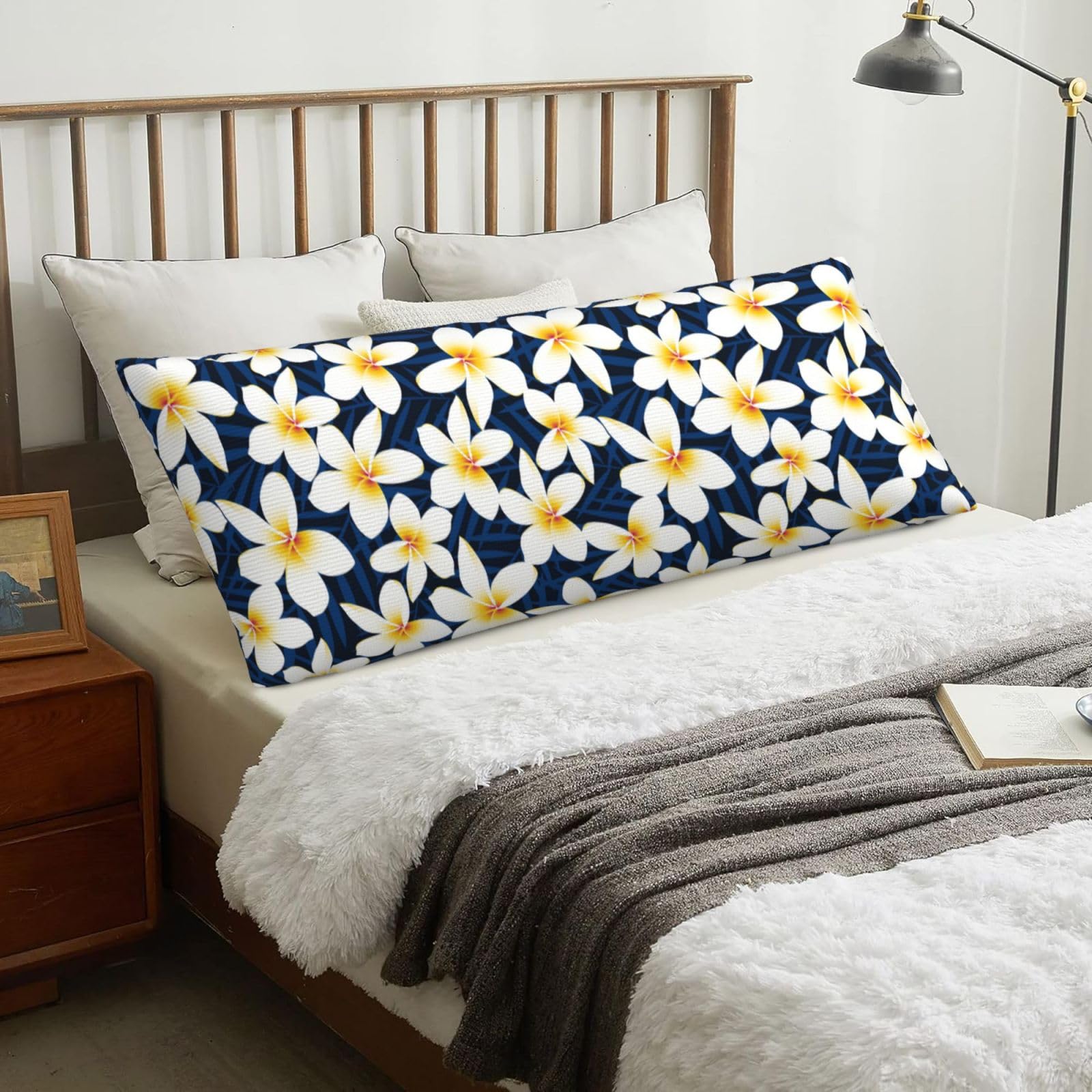 Print Tropical White Frangipani Plumeria Flower, Body Pillow Cover with Zipper,Long Body Pillowcase 20 x 60 in