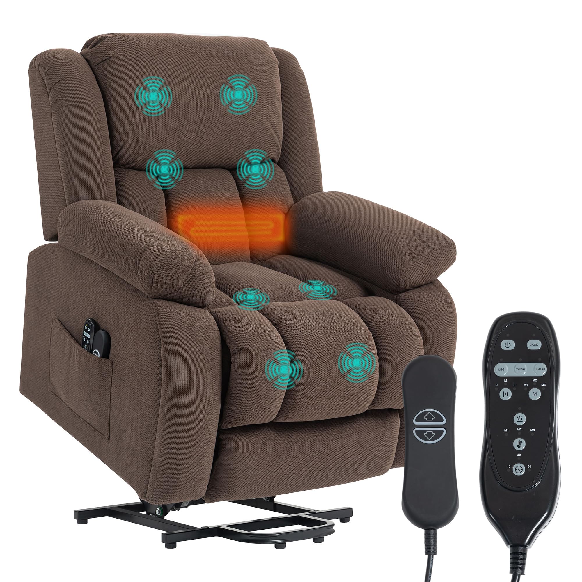 HOMCOM Poltrona Relax Alzapersona Elettrica con Massaggio Vibrante e Calore, Tessuto Effetto Velluto, Seduta Ampia, USB e Tasche Laterali, Marrone