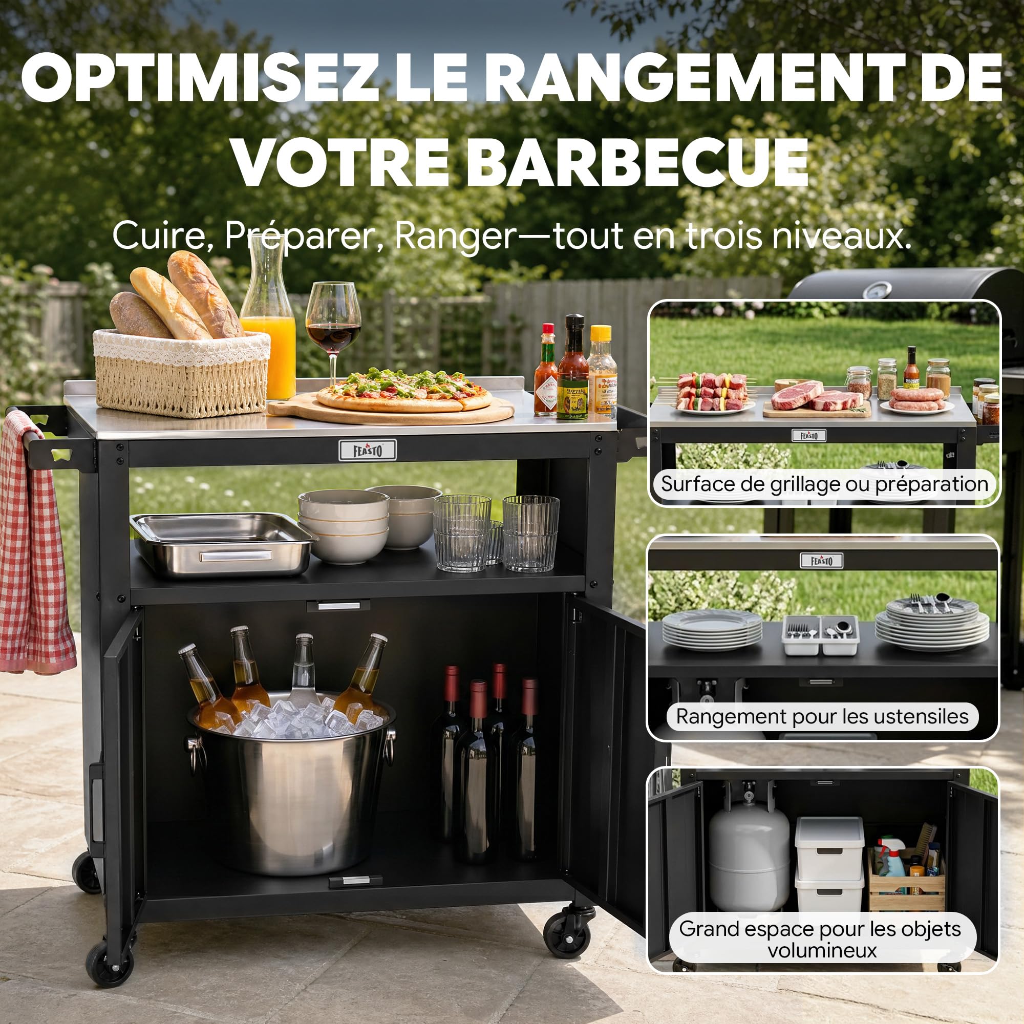 Feasto Chariot pour Barbecue avec Armoire de Rangement, 100x45x88 cm | Desserte Plancha avec Plateau en Acier Inox et 4 Roues, Idéal pour Jardin , Terrasse ou Cuisine Exterieure