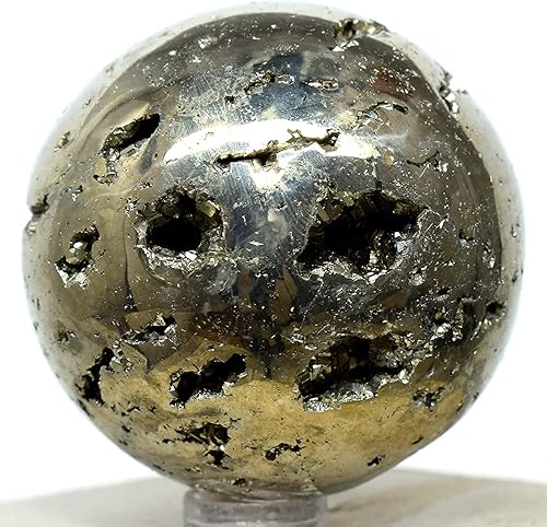 HQRP Bola de racimo de geoda mineral de cristal drusa, esfera de pirita de hierro dorado, pulida, natural, brillante, 1 unidad, Perú + soporte (1