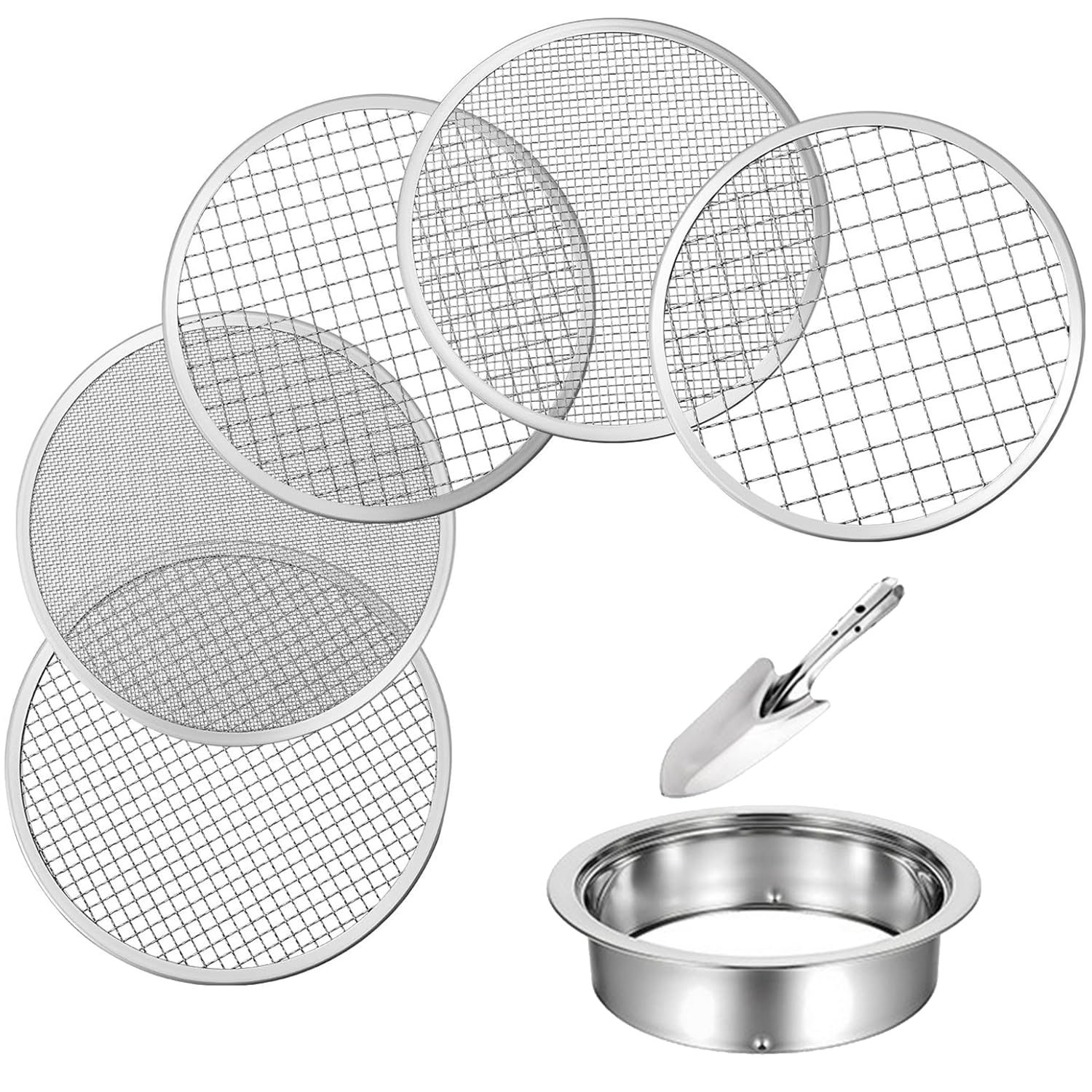 Gobanwei Garden Sieve Set, Stainless Steel Soil Sieves with 5 Garden Riddle Mesh Sizes 12mm/9mm/6mm/3mm/1mm, Compost Sieve for Sieving Top Soil, Stones, Weeds, Cat Litter