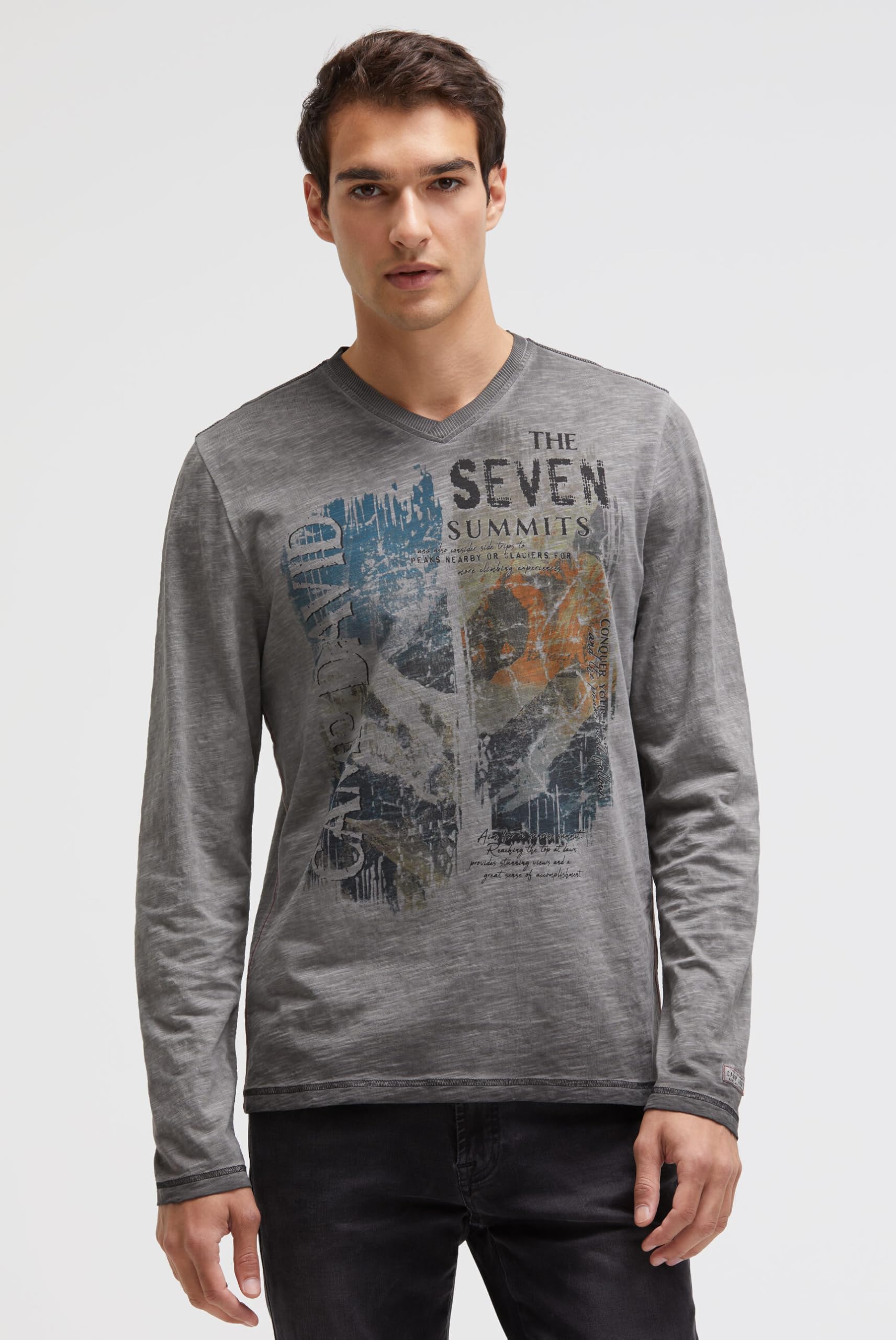 Camp David Herren Longsleeve mit V-Neck und Photoprint Black