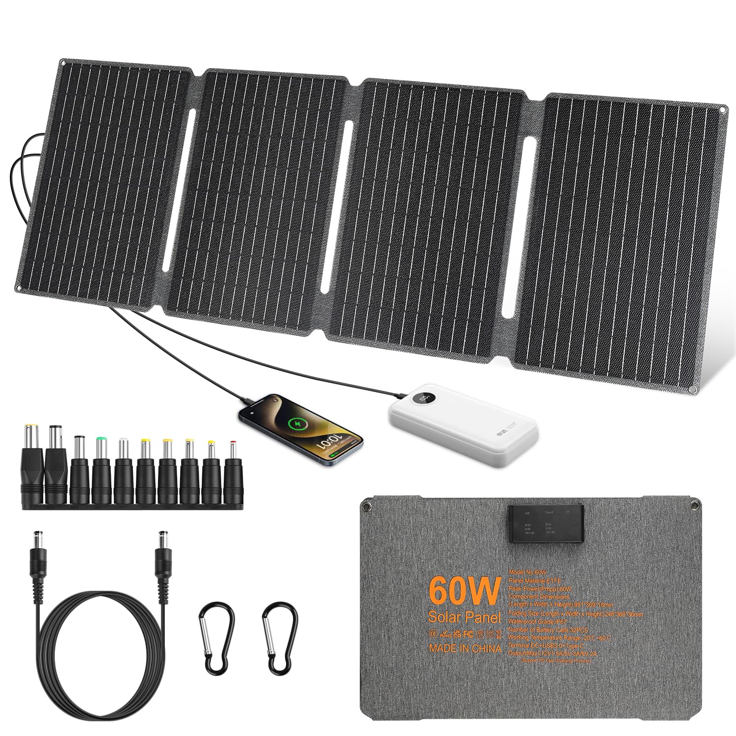 【60W Pannello Solare Portatile 18V Kit】60W Pannelli Solari Portatili ETFE IP67 Caricabatterie Solare DC+USB3.0+Type-C Caricatore Solare Campeggio per Accumulatore, Piccoli Generatori, Powerbank Solare