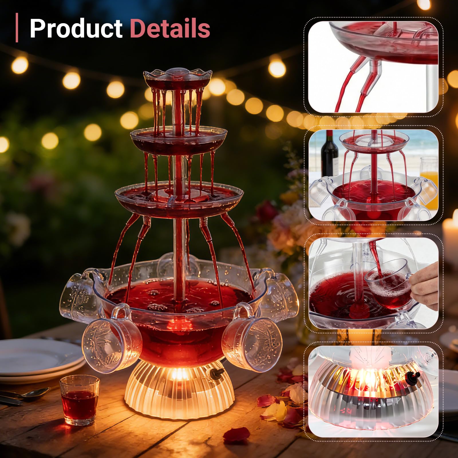 3-Stufiger Klarer Partybrunnen,4L Getränkebrunnen Zimmerbrunnen mit 5 Stück Bechern,Cocktail Brunnen LED-Beleuchteter Sockel,Saft Und Weinbrunnen Trinkbrunnen für Kneipen, Hauspartys