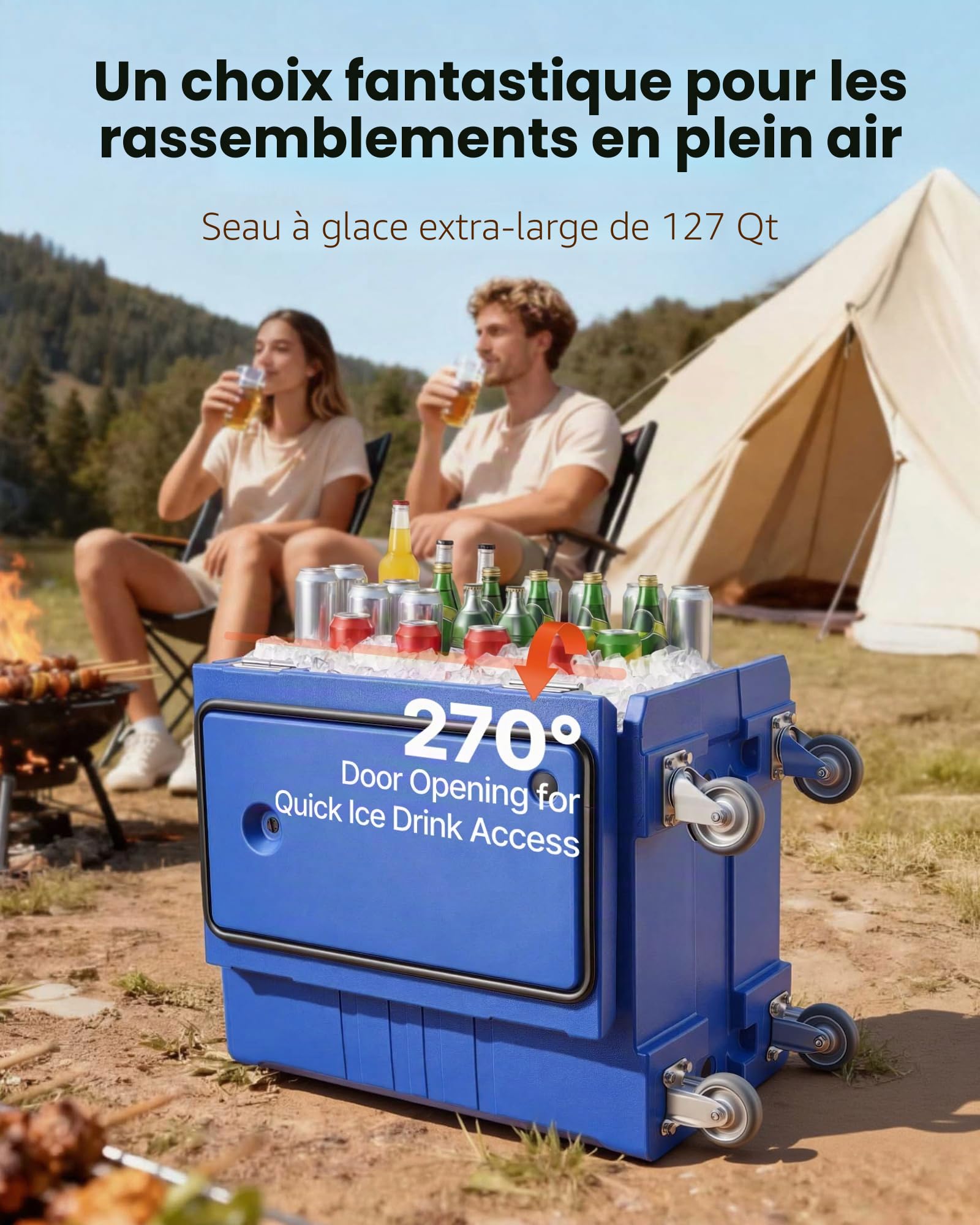 VEVOR Conteneur Isotherme pour Bac Gastronorme 120 L, Boîte de Transport Alimentaire Empilable, Chargement Frontal, Double Boucle, Poignées et Roulettes, Porte-plateaux pour Restauration Cantine, Bleu