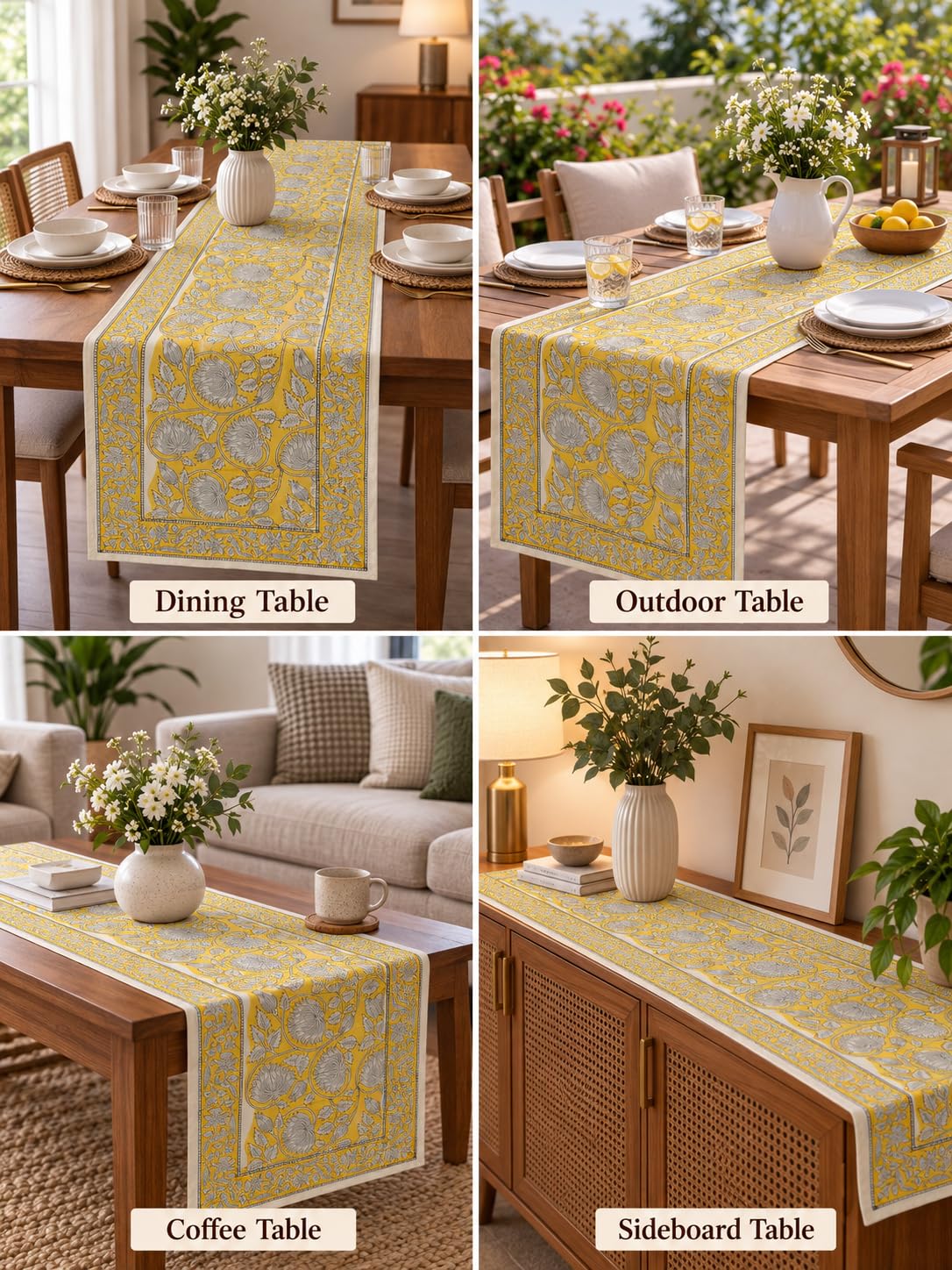 Hand Block Printed Cotton Table Runner - Floral Design -6