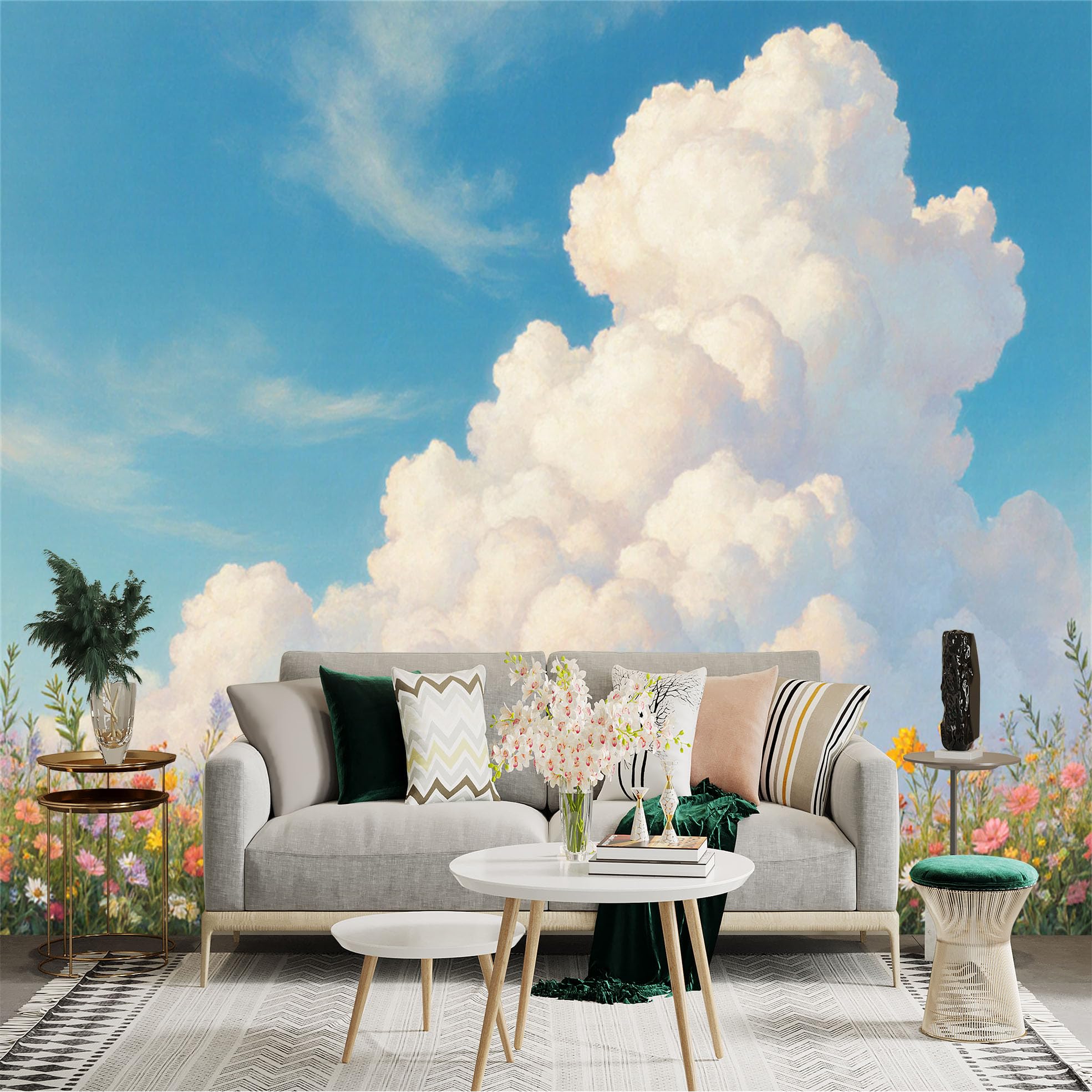 Custom Size Wall Sticker Mural， Blue Sky and White Clouds， Blooming Wildflowers， Vibrant Spring Garden， Soft Aesthetic Landscape， for wall Decoration， peelandstick wall Decals.
