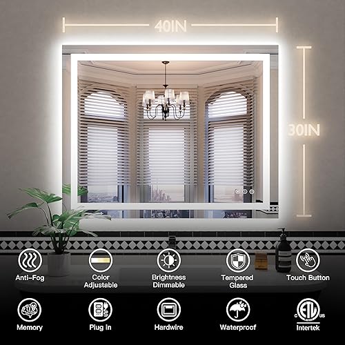 Miniatura 9 de ISKM Espejo LED de 40 x 36 pulgadas para baño, espejo de tocador iluminado para luces delanteras de pared + espejo de baño LED retroiluminado,