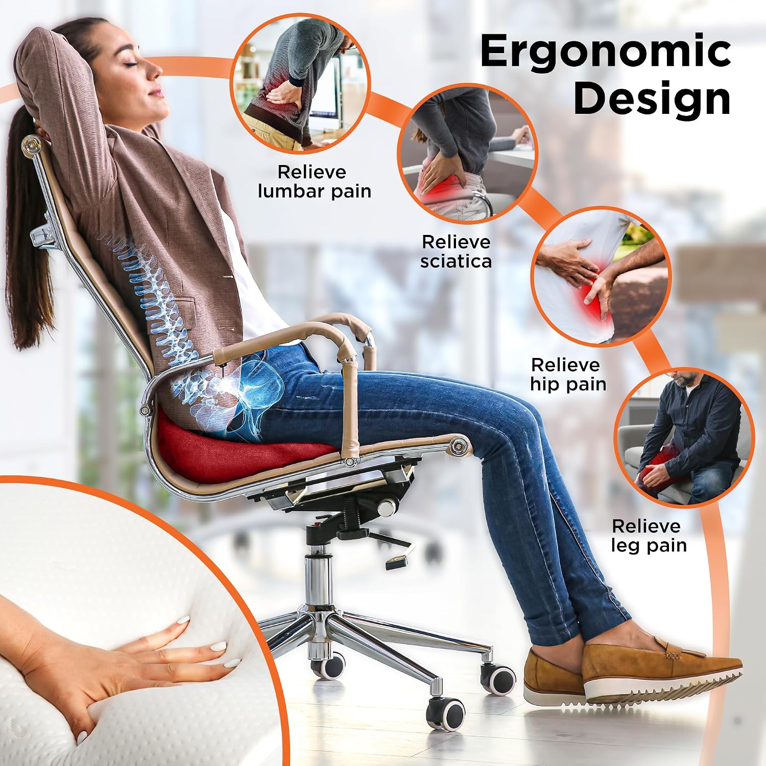 BLACK+DECKER High Back Tailbone Seat Cushion – Memory Foam Chair Cushion for Office, Car, Wheelchair & Airplane – Ergonomic, Non Slip, Breathable Mesh, Sciatic Pain Relief, Washable Cover, Purple